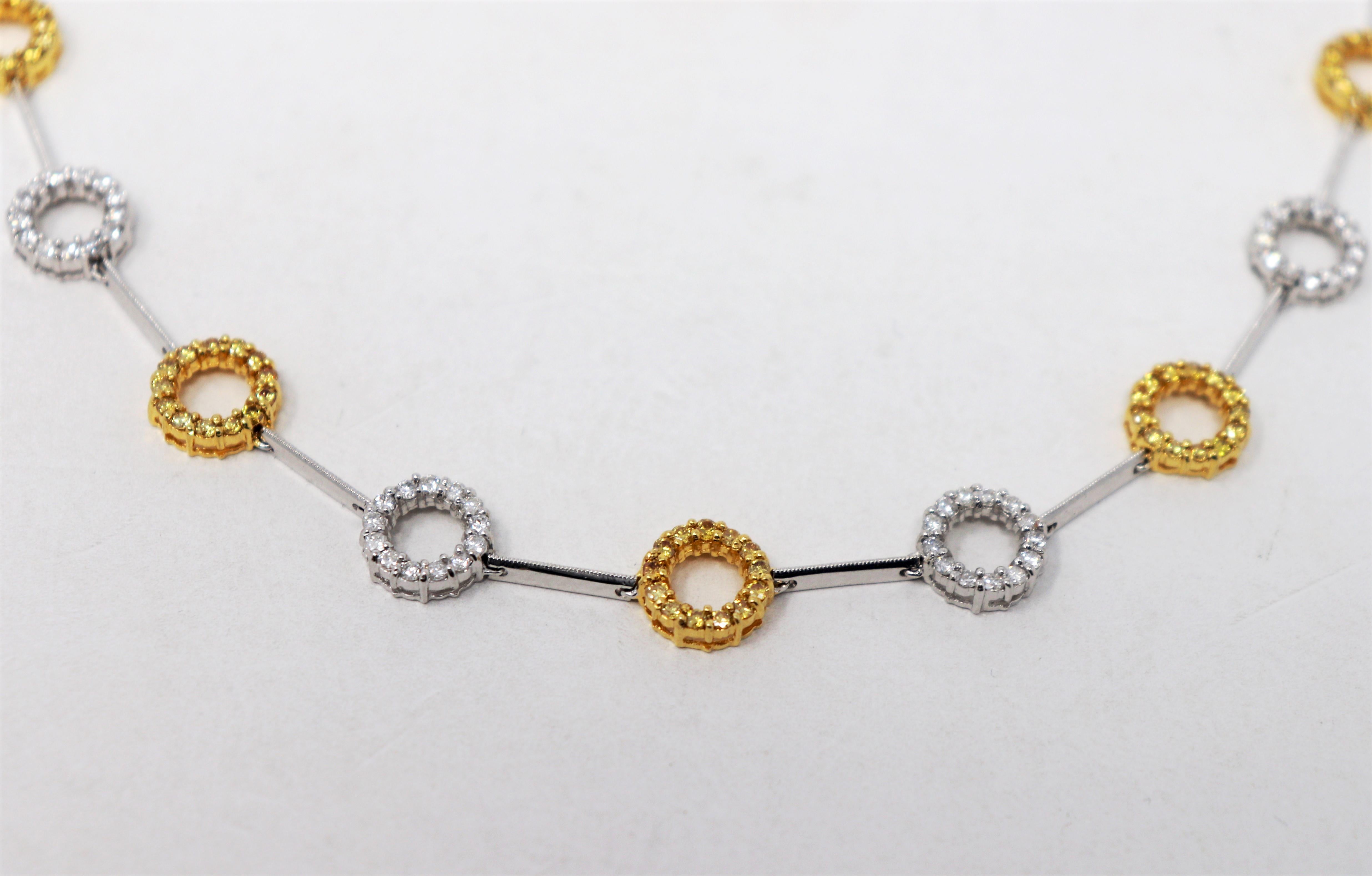 Women's Natural Yellow and White Diamond Circle Station Link Necklace in 18 Karat Gold For Sale