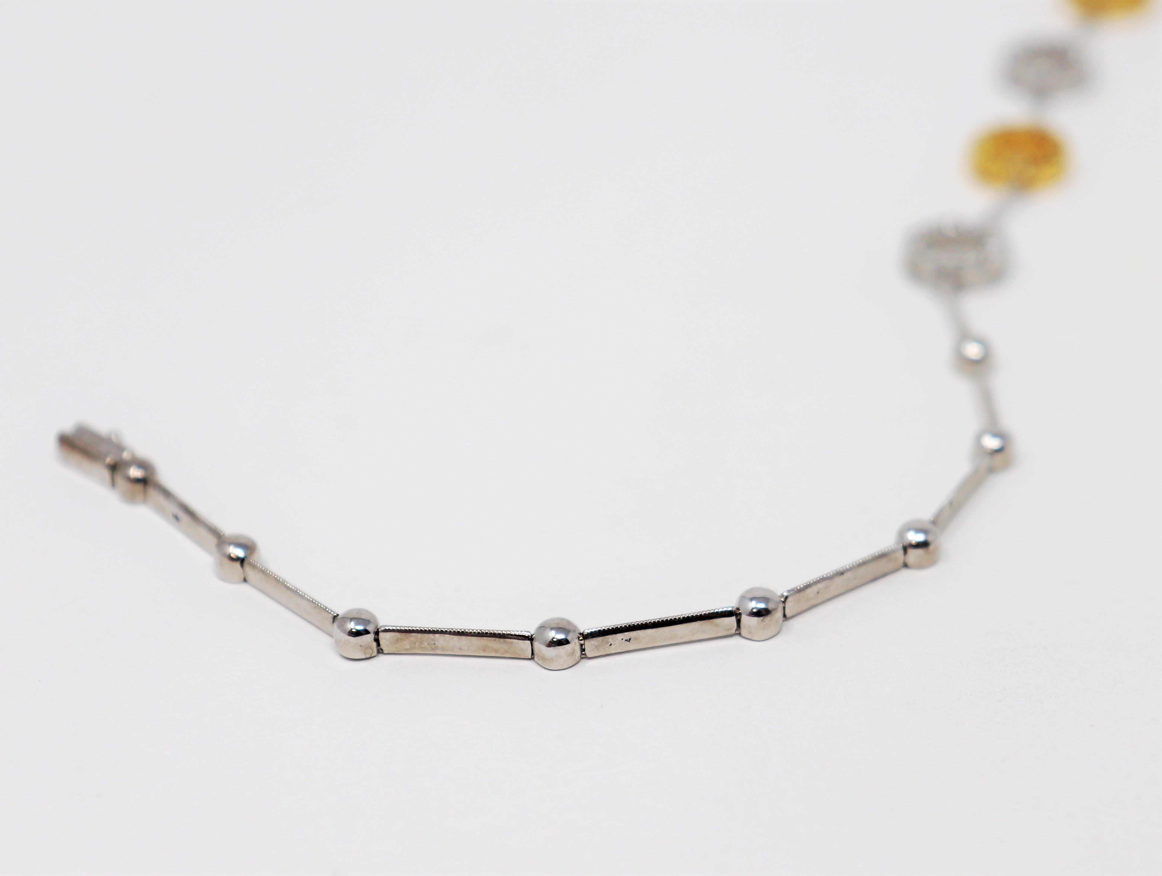 Natural Yellow and White Diamond Circle Station Link Necklace in 18 Karat Gold For Sale 1