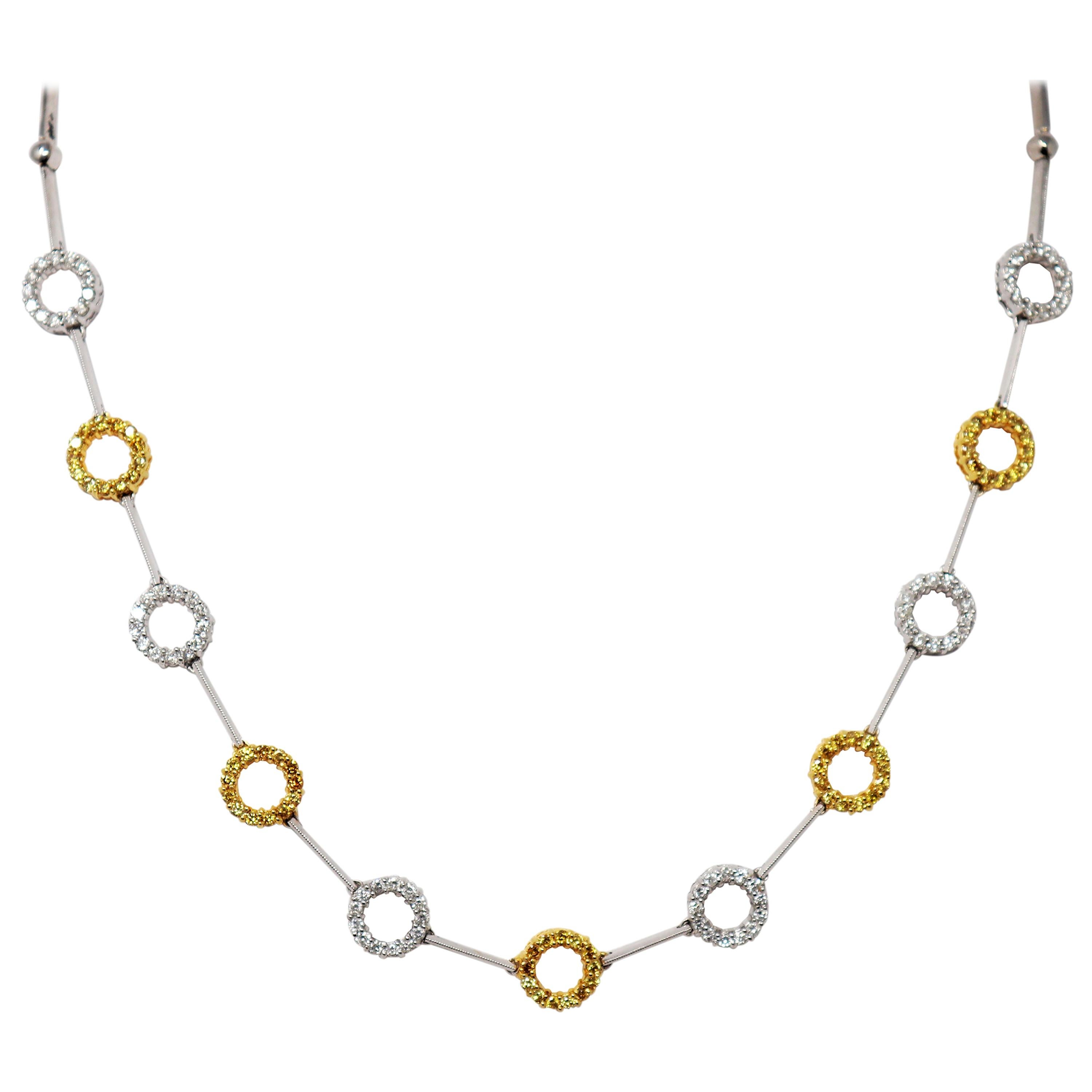 Natural Yellow and White Diamond Circle Station Link Necklace in 18 Karat Gold For Sale