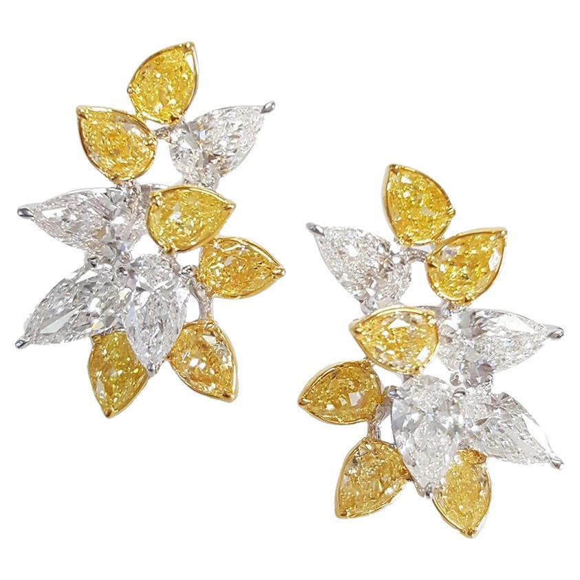 Natural Yellow and White Pear-Shaped Diamond Cluster Earrings Studs In 18K Gold