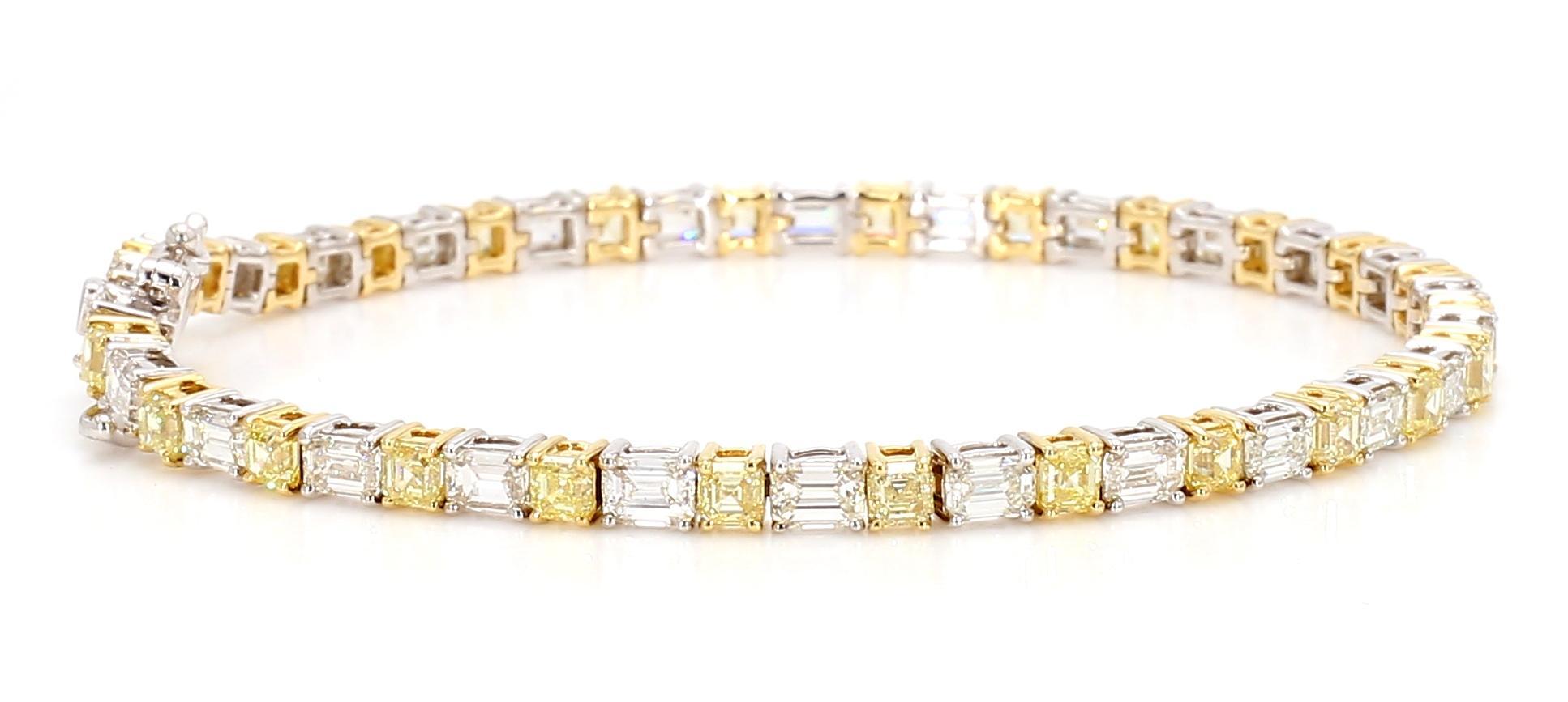 RareGemWorld's beautiful diamond bracelet. Mounted in a beautiful 18K Yellow and White Gold setting with natural asscher cut yellow diamonds complimented by natural emerald cut white diamonds. This bracelet is guaranteed to impress! Wear it on its