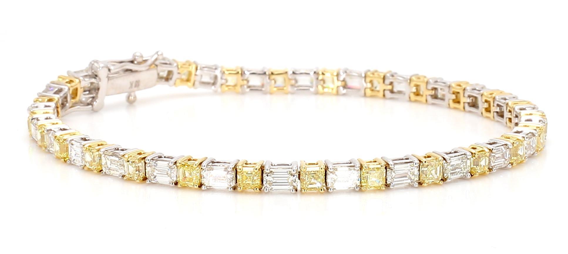 Asscher Cut Natural Yellow Asscher Diamond 8.04 Carat TW Gold Tennis Bracelet For Sale