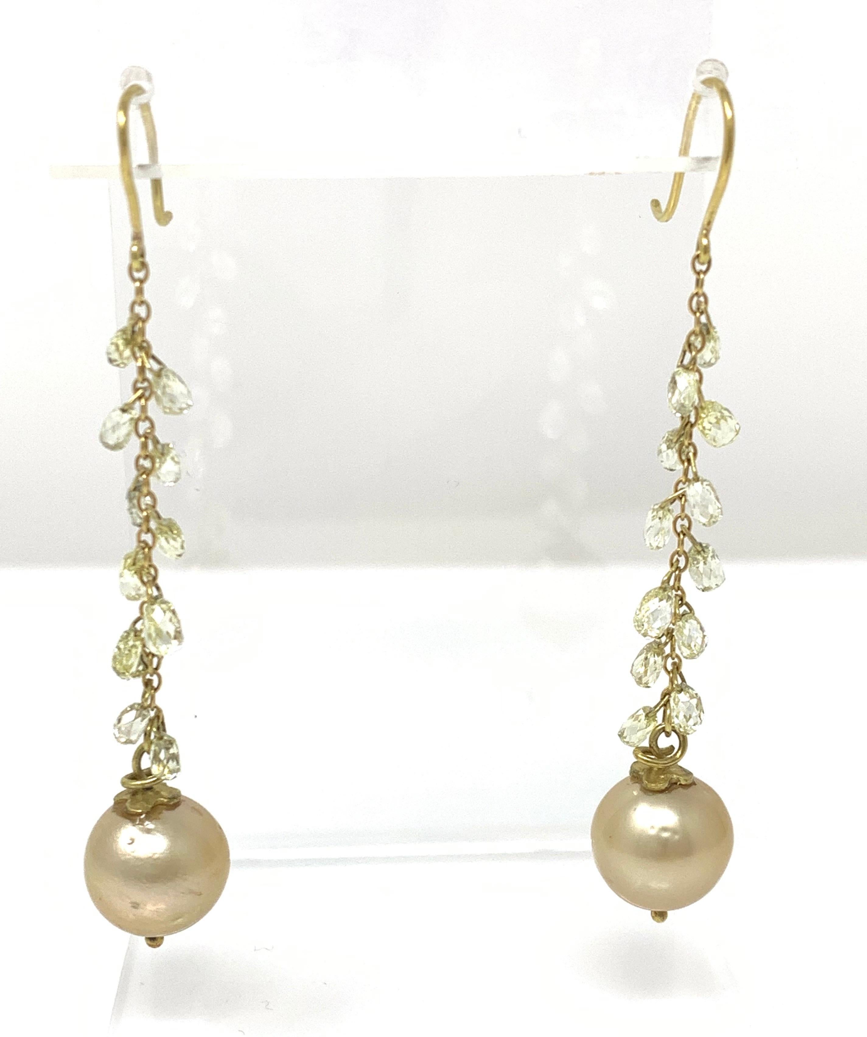 These gorgeous dangle earrings are designed by Moguldiam Inc and handcrafted in 18k yellow gold. It features beautiful natural yellow briolettes weighing 3.62 carat with VS clarity with golden south sea pearls in the bottom. The length of the