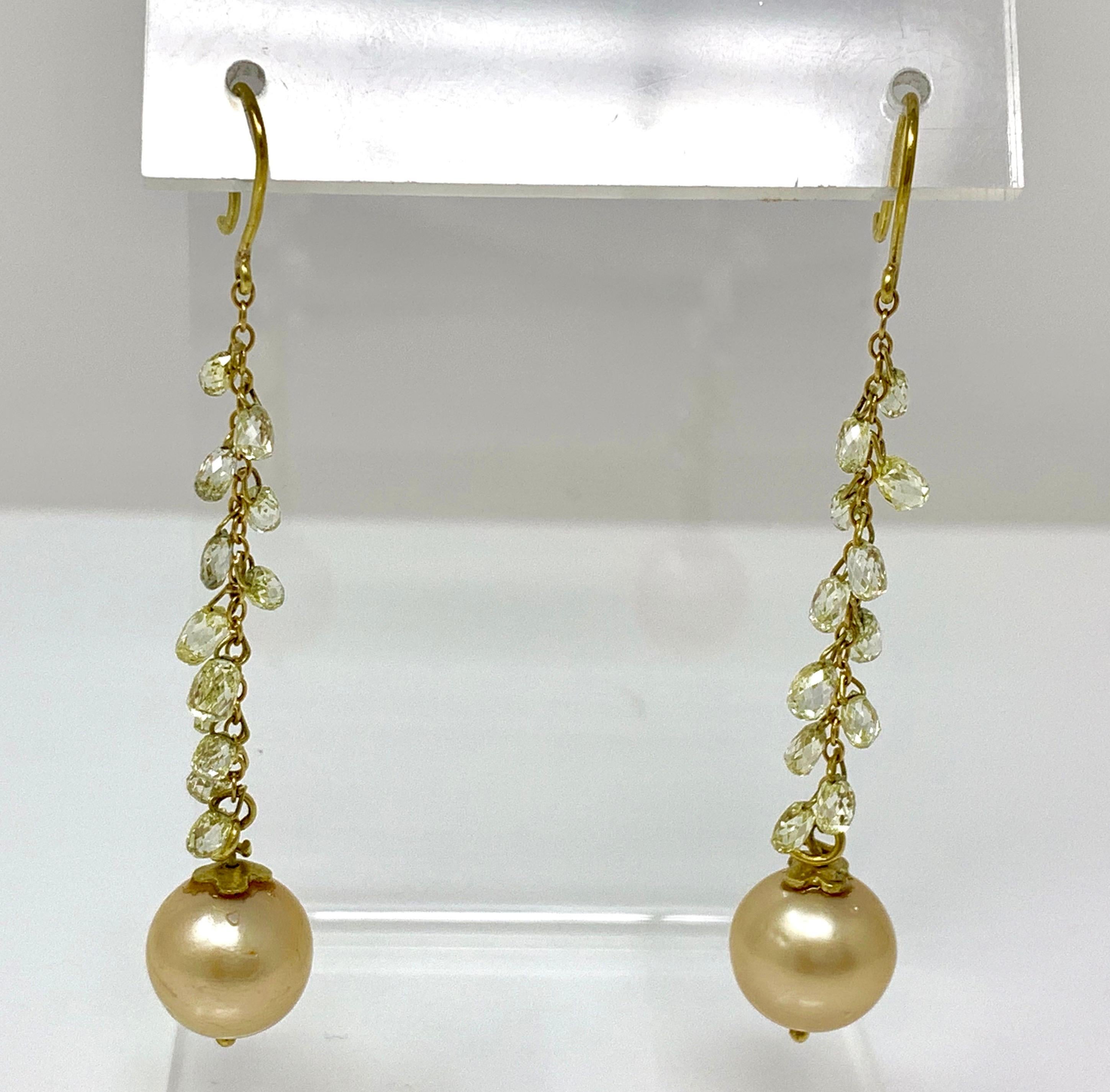 Contemporary Natural Yellow Briolette Diamond and South Sea Pearl Earrings in 18 Karat Gold