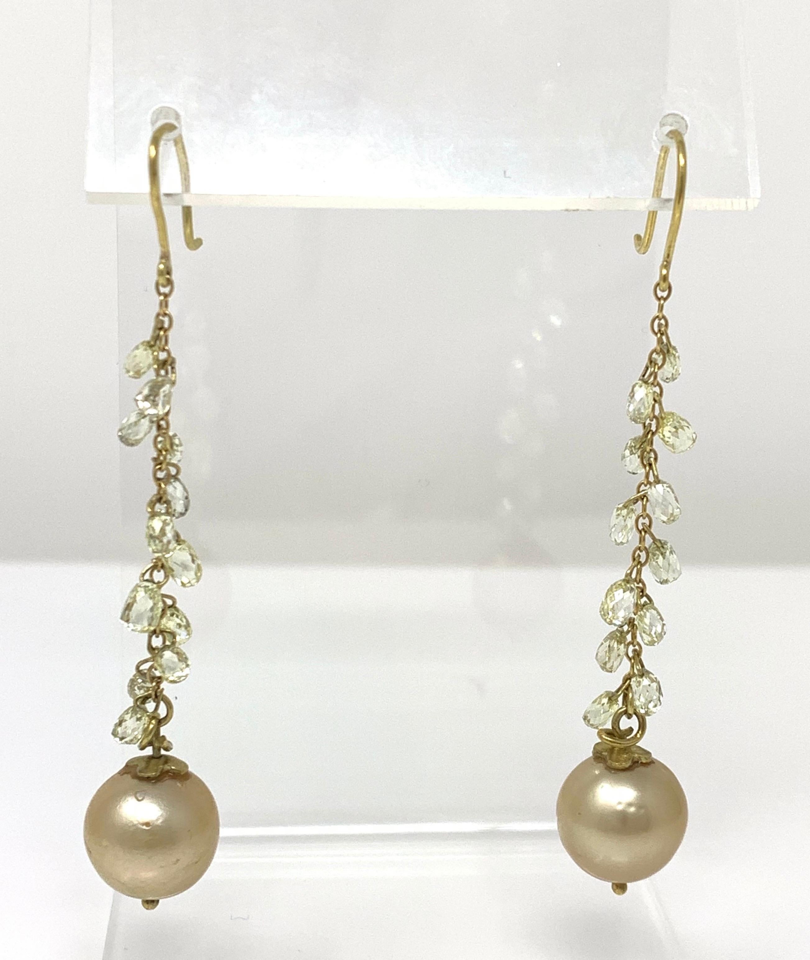 Natural Yellow Briolette Diamond and South Sea Pearl Earrings in 18 Karat Gold In New Condition In New York, NY