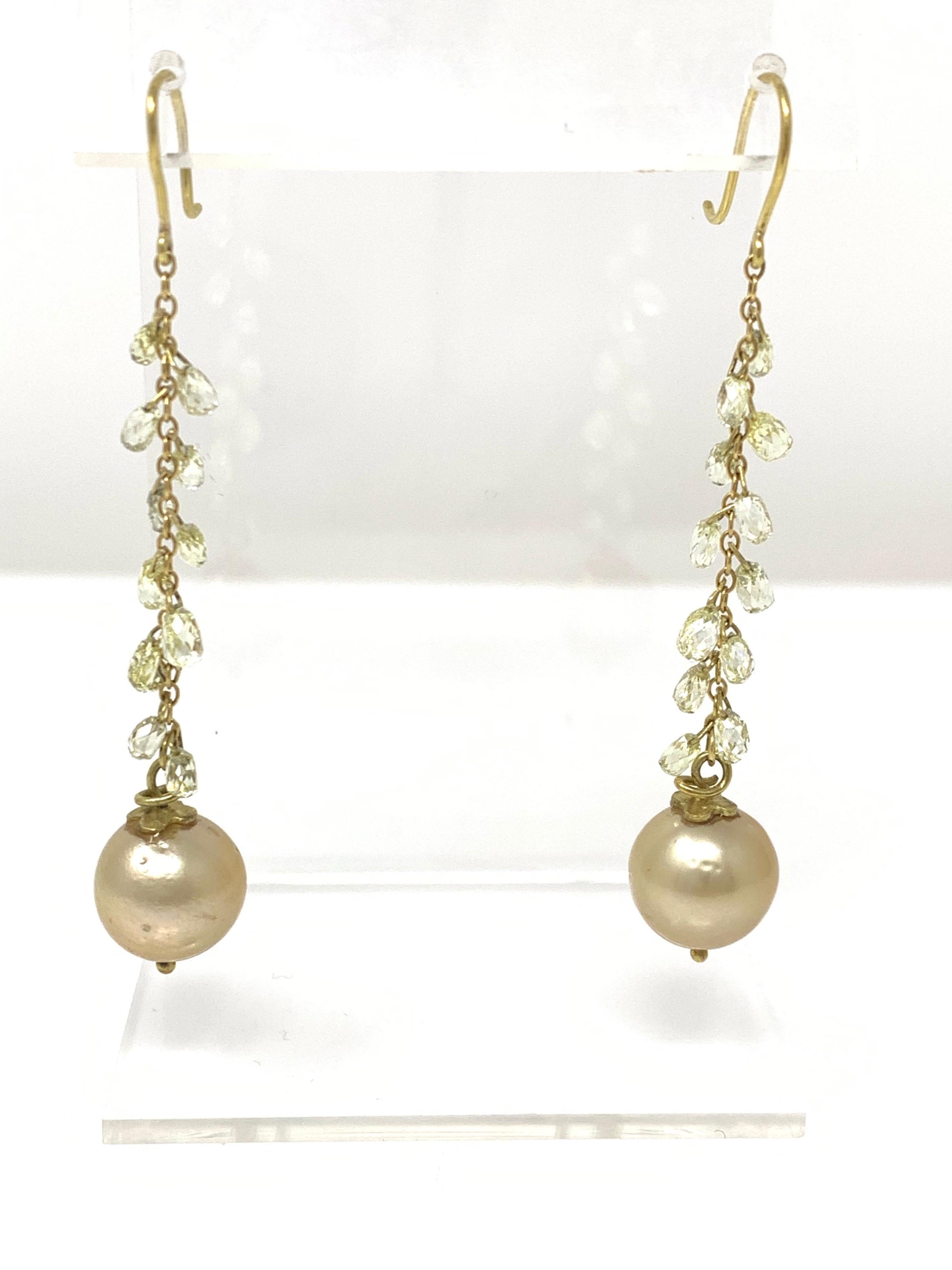 Women's Natural Yellow Briolette Diamond and South Sea Pearl Earrings in 18 Karat Gold
