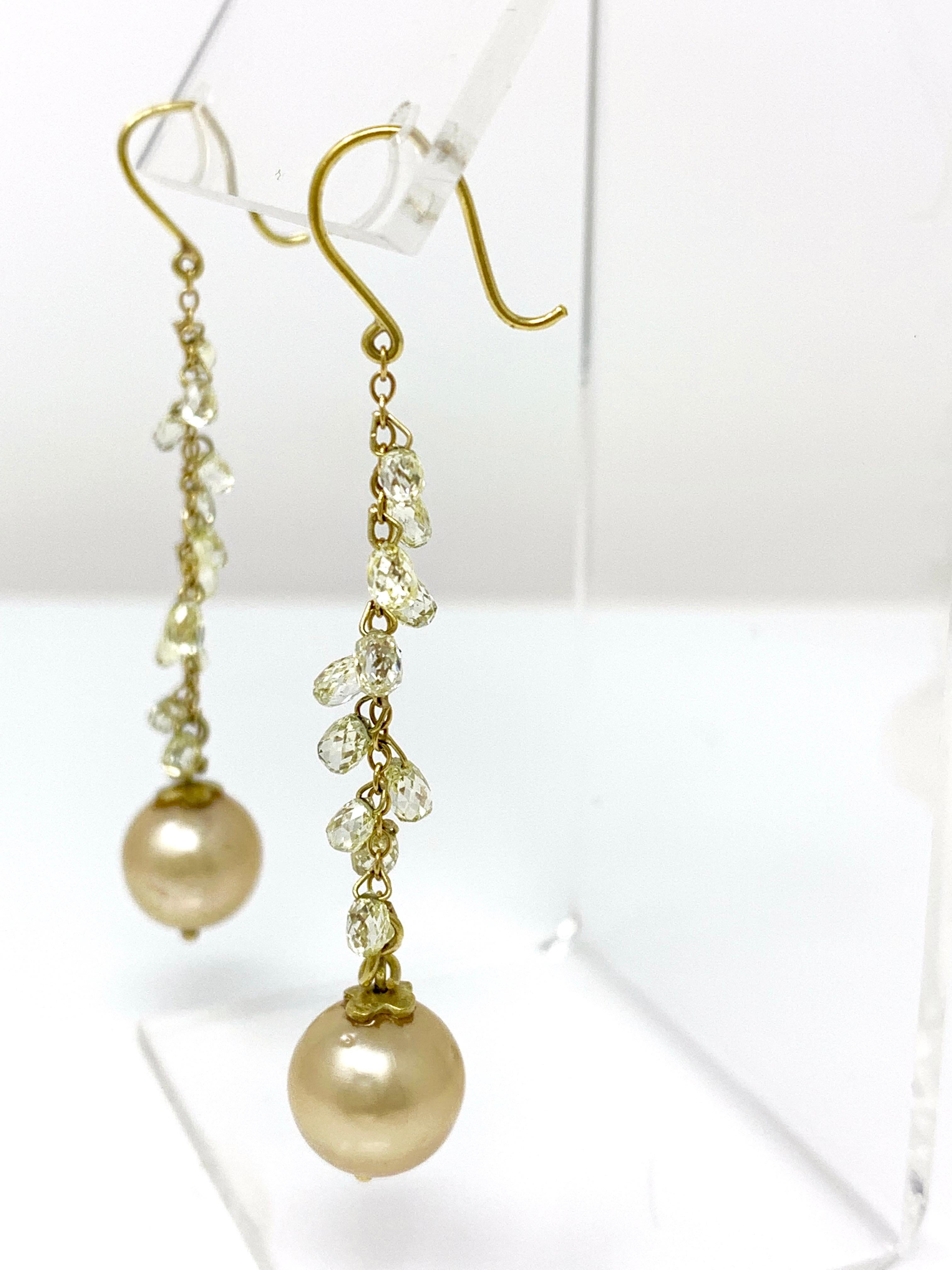 Natural Yellow Briolette Diamond and South Sea Pearl Earrings in 18 Karat Gold 1