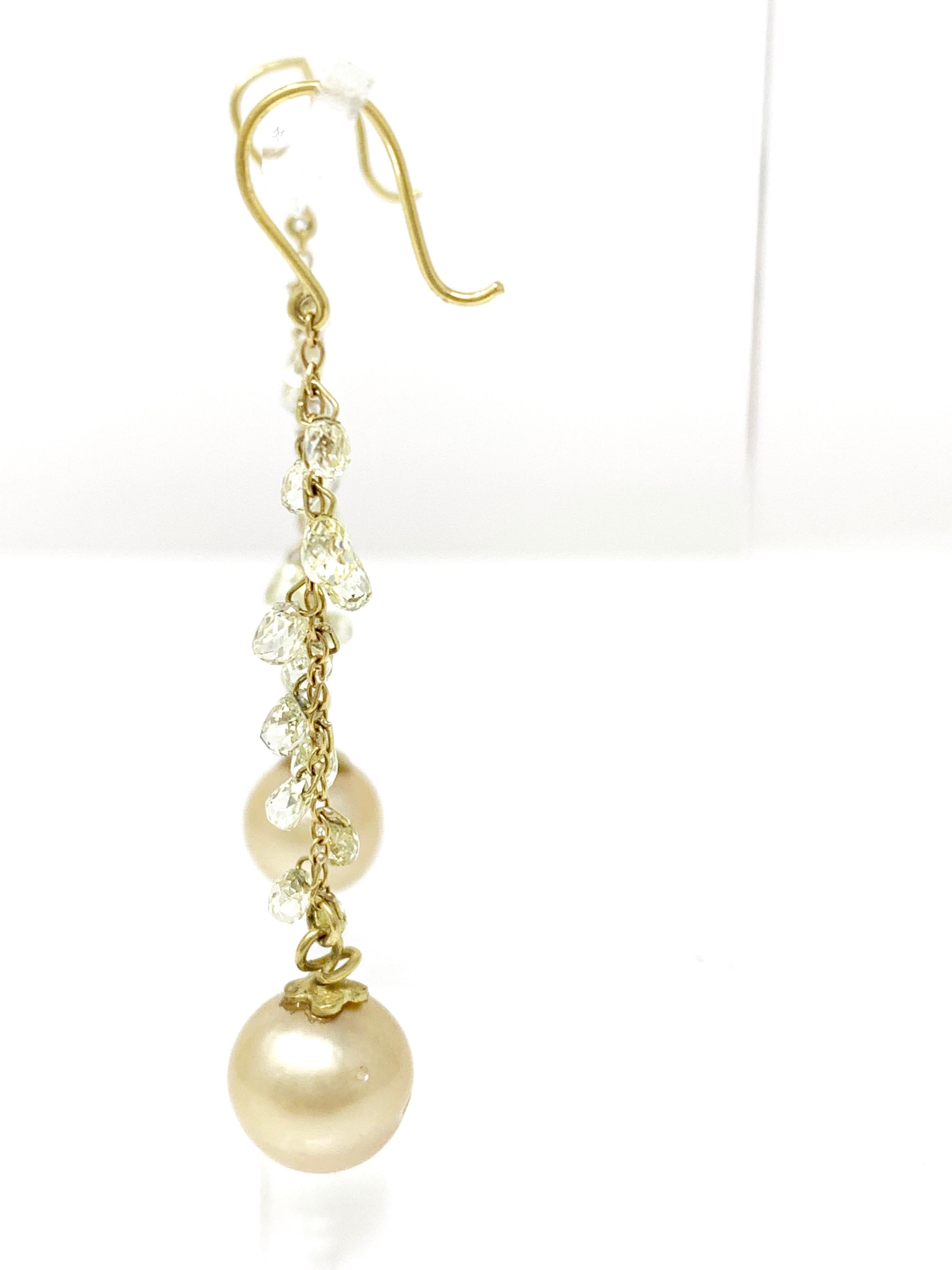 Natural Yellow Briolette Diamond and South Sea Pearl Earrings in 18 Karat Gold 2