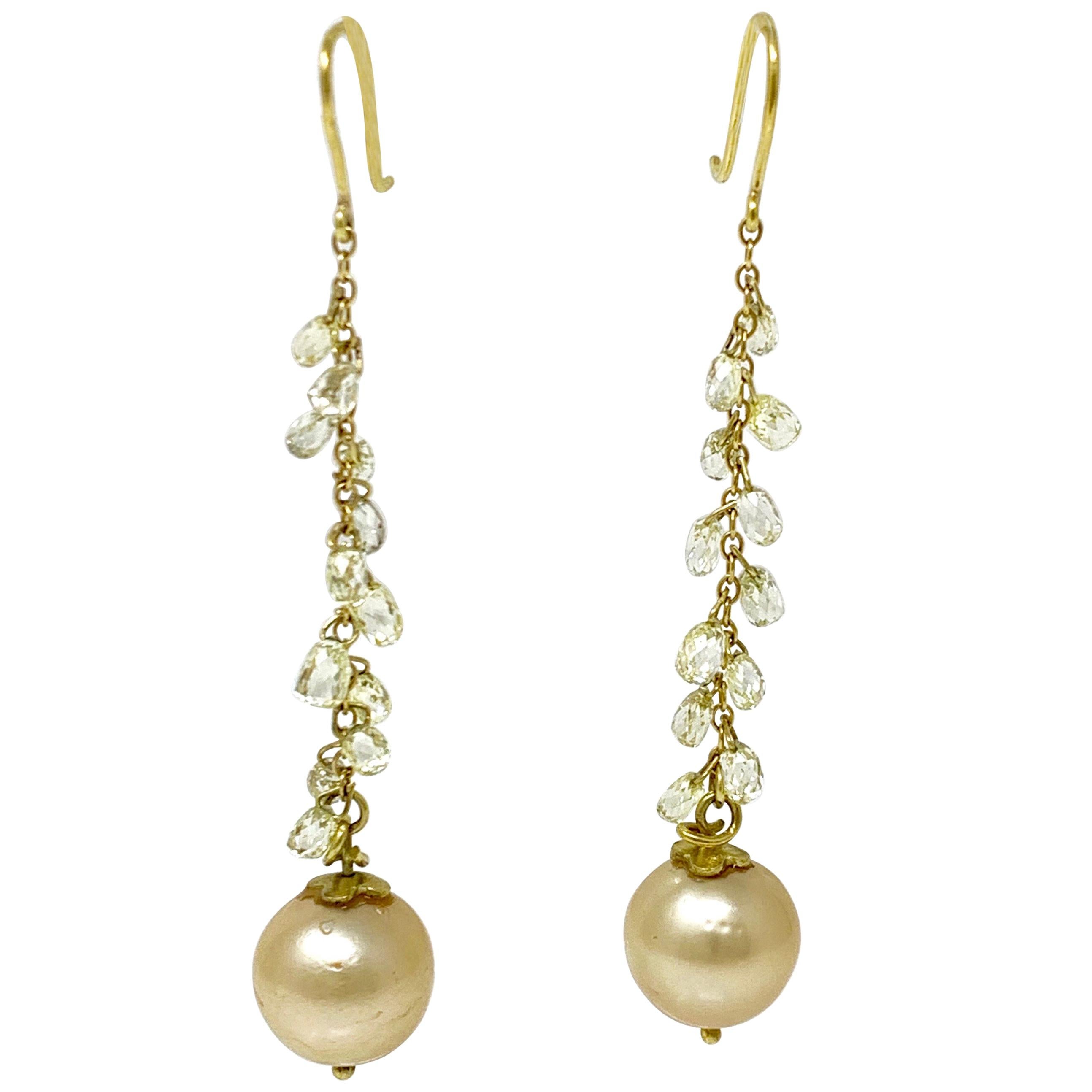 Natural Yellow Briolette Diamond and South Sea Pearl Earrings in 18 Karat Gold