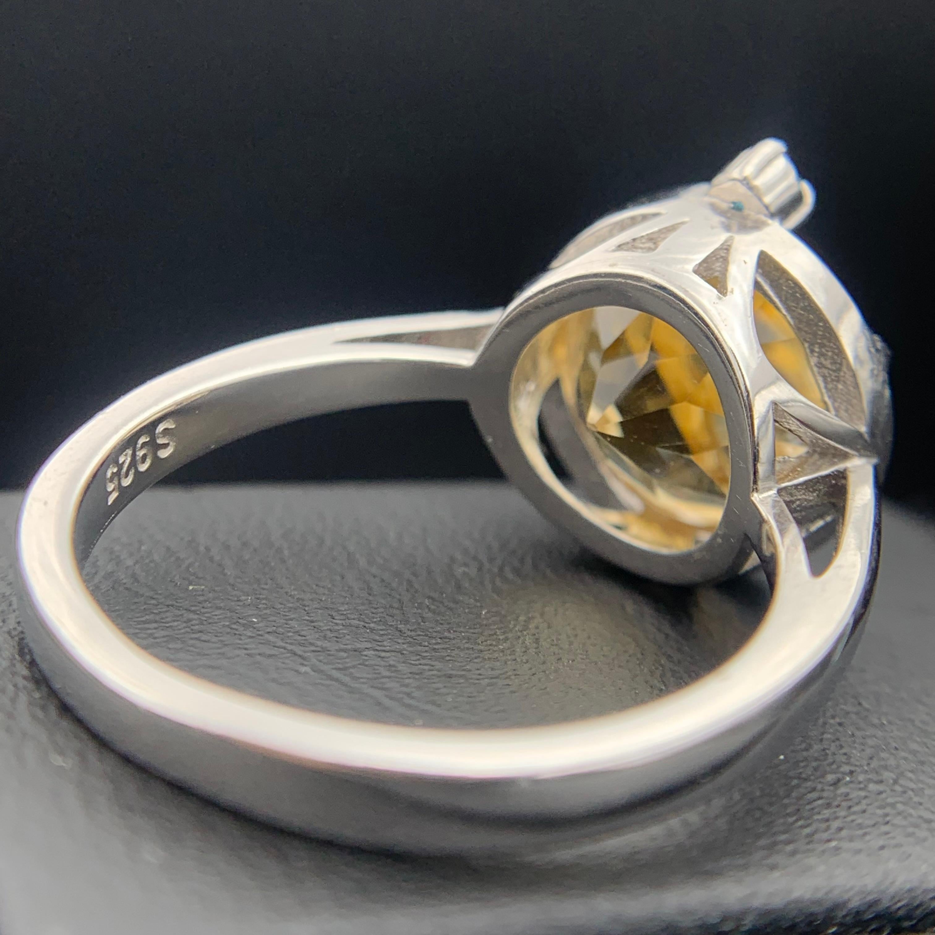 Natural Yellow Citrine Gem Ring 925 St. Silver with Swiss Blue Topaz 4.08 grams For Sale 5