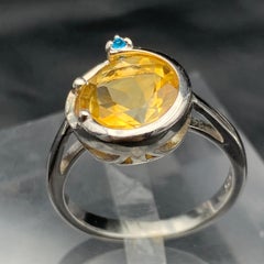 Natural Yellow Citrine Gem Ring 925 St. Silver with Swiss Blue Topaz 4.08 grams