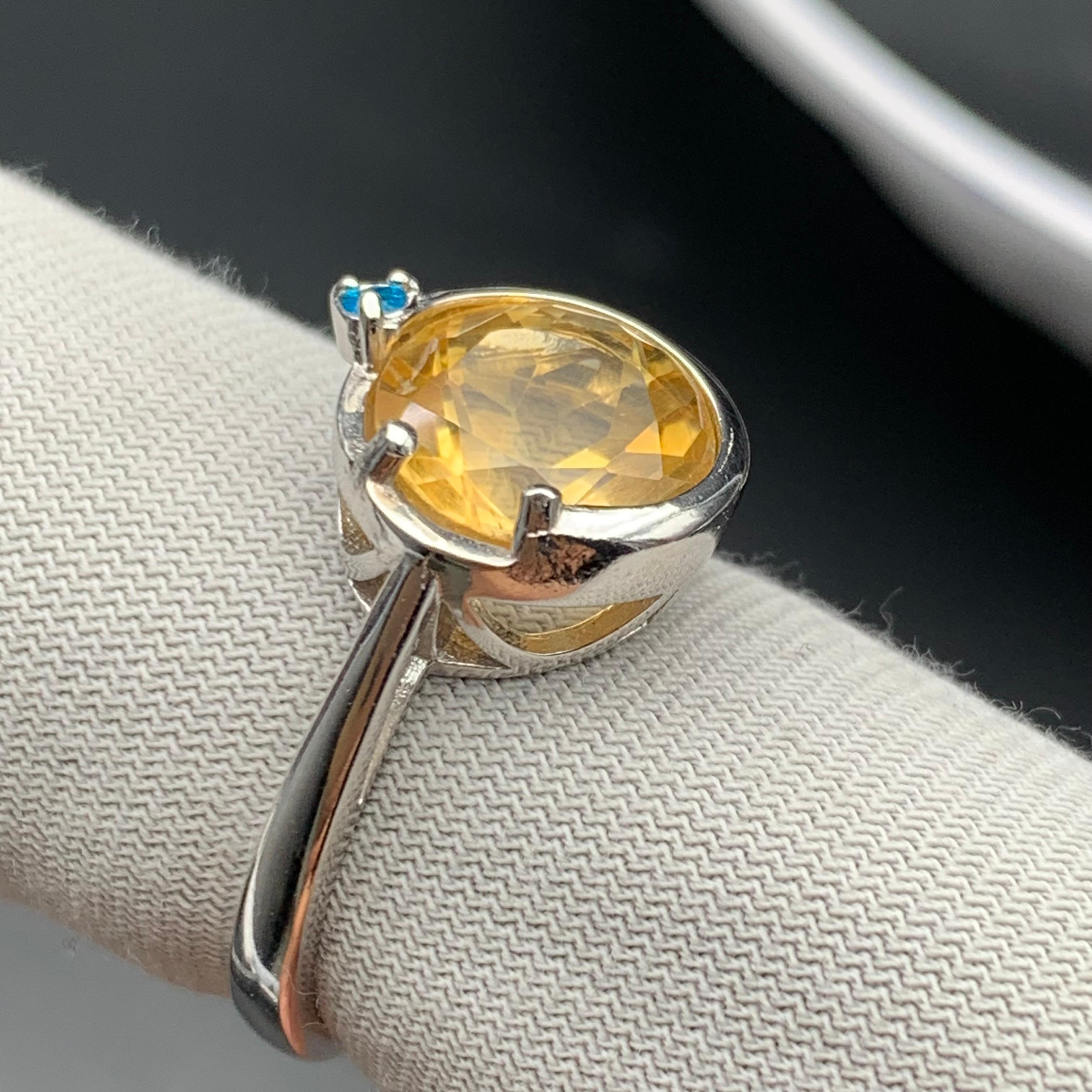 Women's Natural Yellow Citrine Gem Ring 925 St. Silver with Swiss Blue Topaz 4.08 grams For Sale