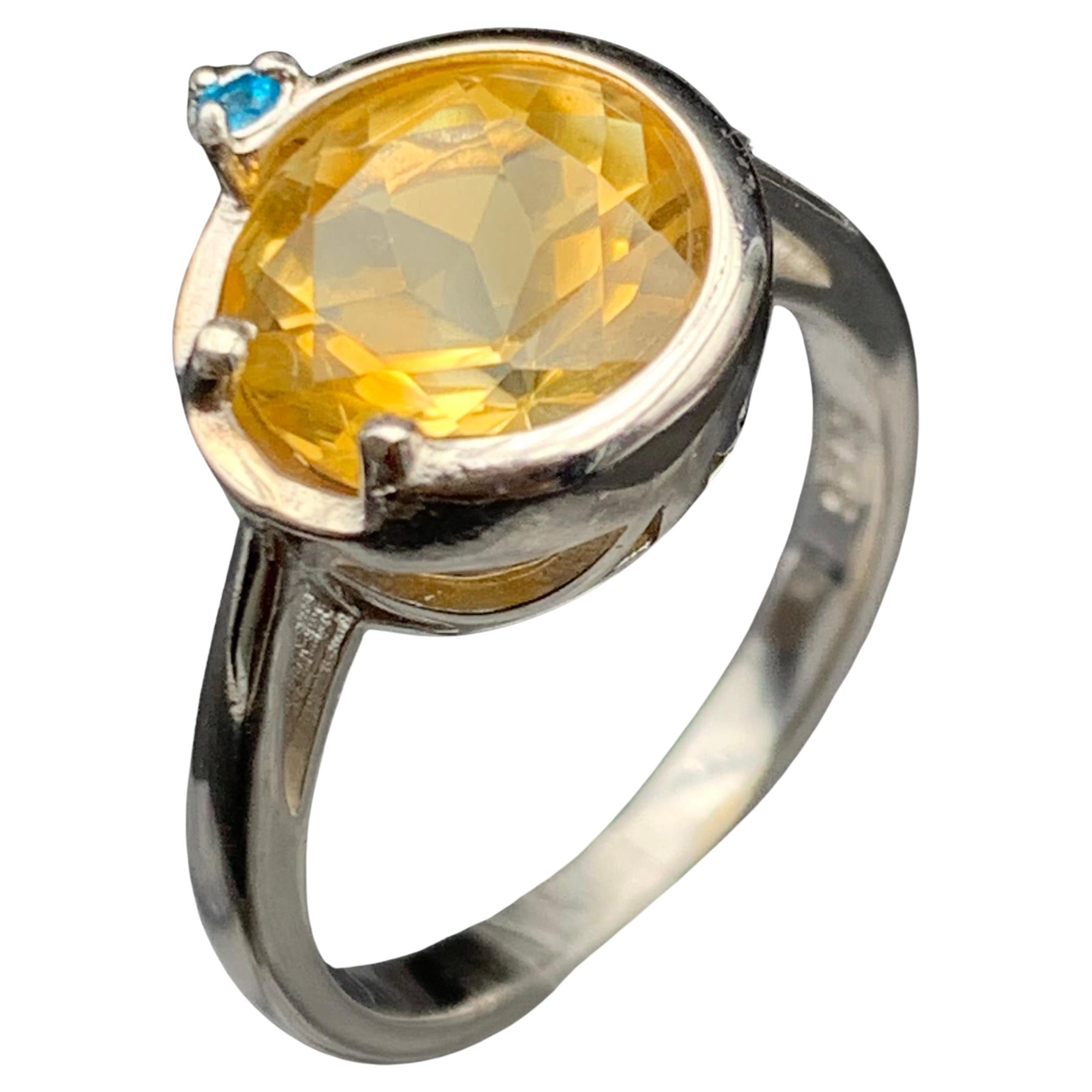 Natural Yellow Citrine Gem Ring 925 St. Silver with Swiss Blue Topaz 4.08 grams For Sale