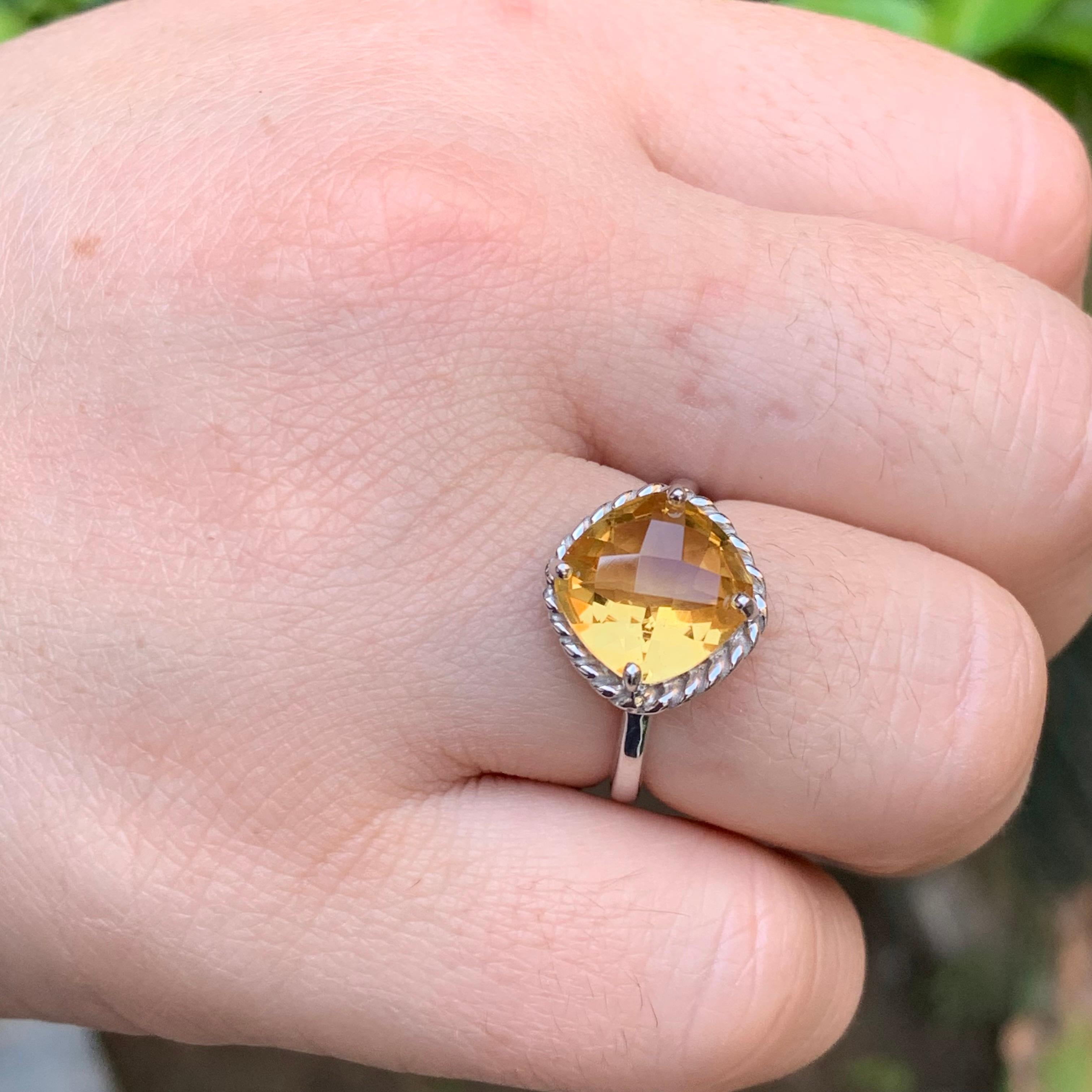 Bague ancienne taille coussin en argent 925 carats avec citrine jaune naturelle, taille 7 en vente 5
