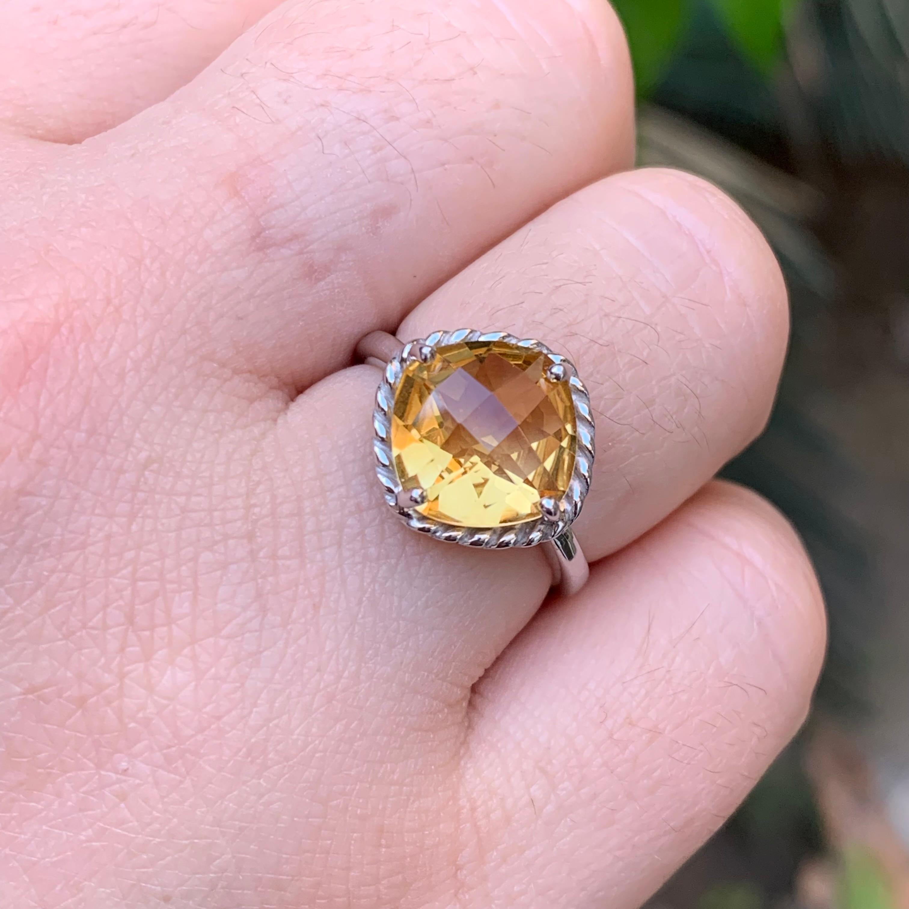 Bague ancienne taille coussin en argent 925 carats avec citrine jaune naturelle, taille 7 en vente 7