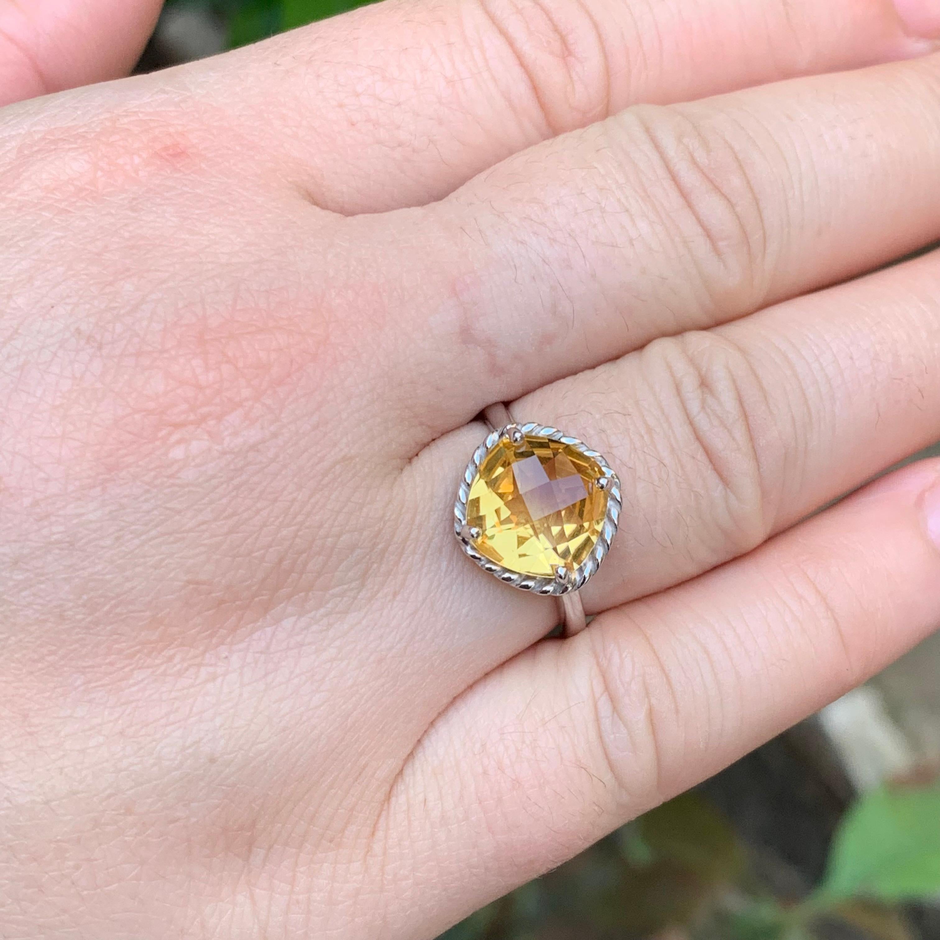 Bague ancienne taille coussin en argent 925 carats avec citrine jaune naturelle, taille 7 en vente 2