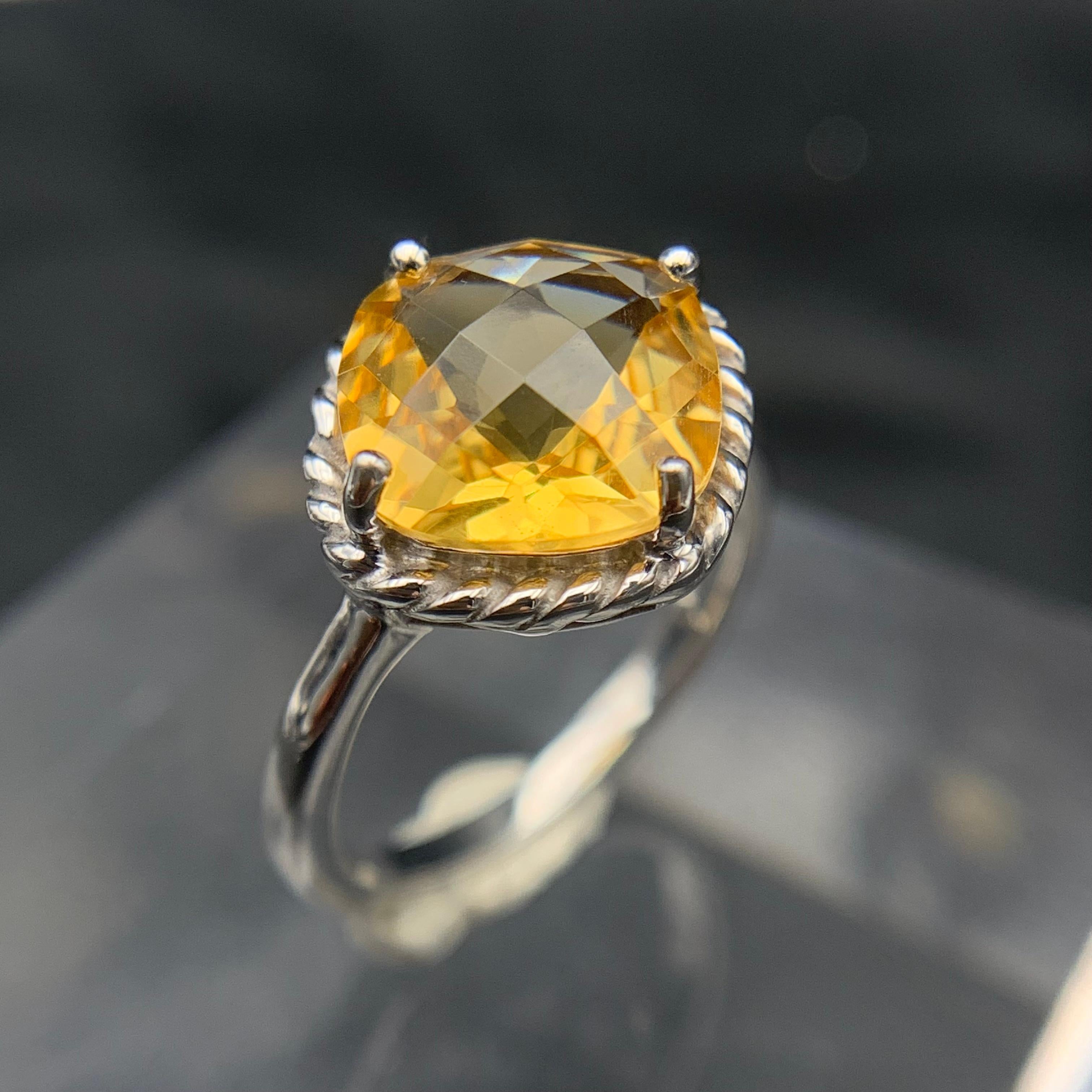 Bague ancienne taille coussin en argent 925 carats avec citrine jaune naturelle, taille 7 en vente 3