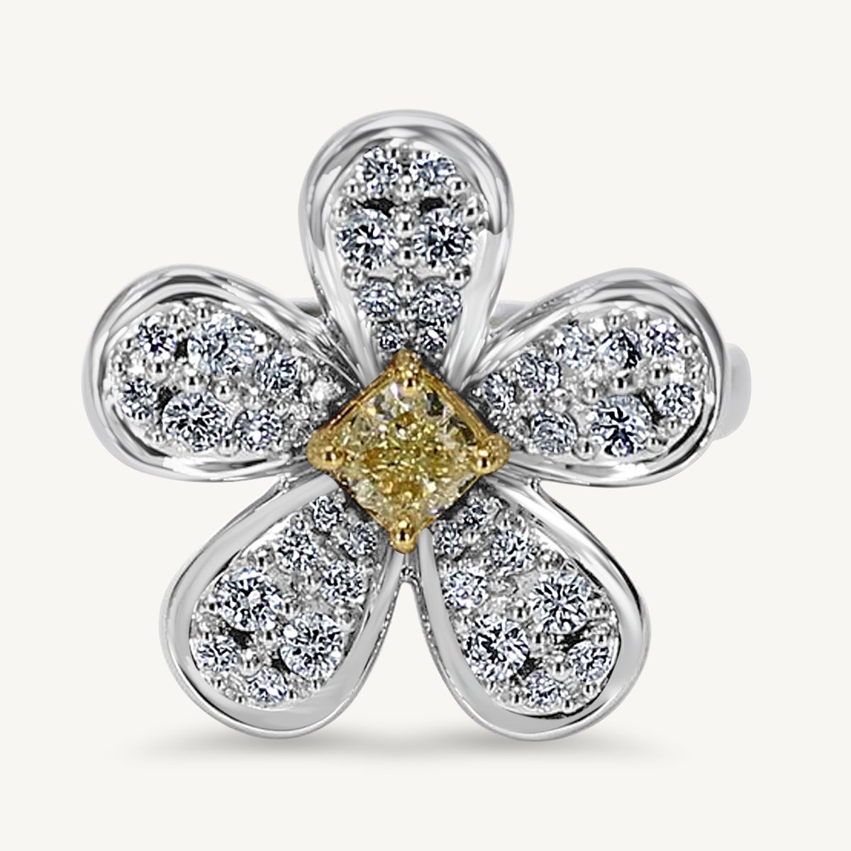 Natural Yellow Cushion and White Diamond 1.01 Carat TW Gold Cocktail Ring