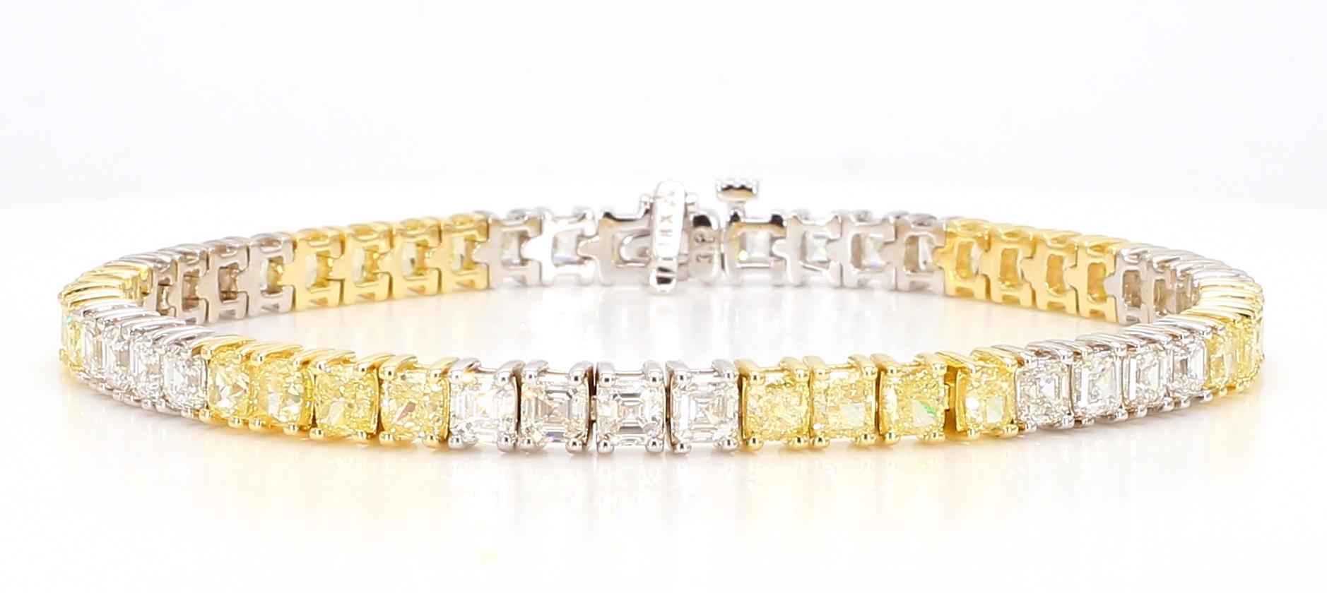 Natural Yellow Cushion and White Diamond 10.42 Carat TW Gold Tennis Bracelet For Sale 4
