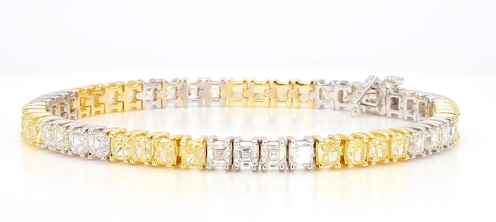Natural Yellow Cushion and White Diamond 10.42 Carat TW Gold Tennis Bracelet For Sale 5