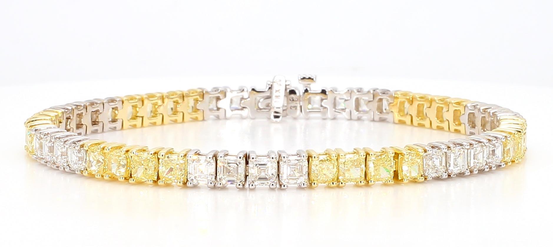 Cushion Cut Natural Yellow Cushion and White Diamond 10.42 Carat TW Gold Tennis Bracelet For Sale