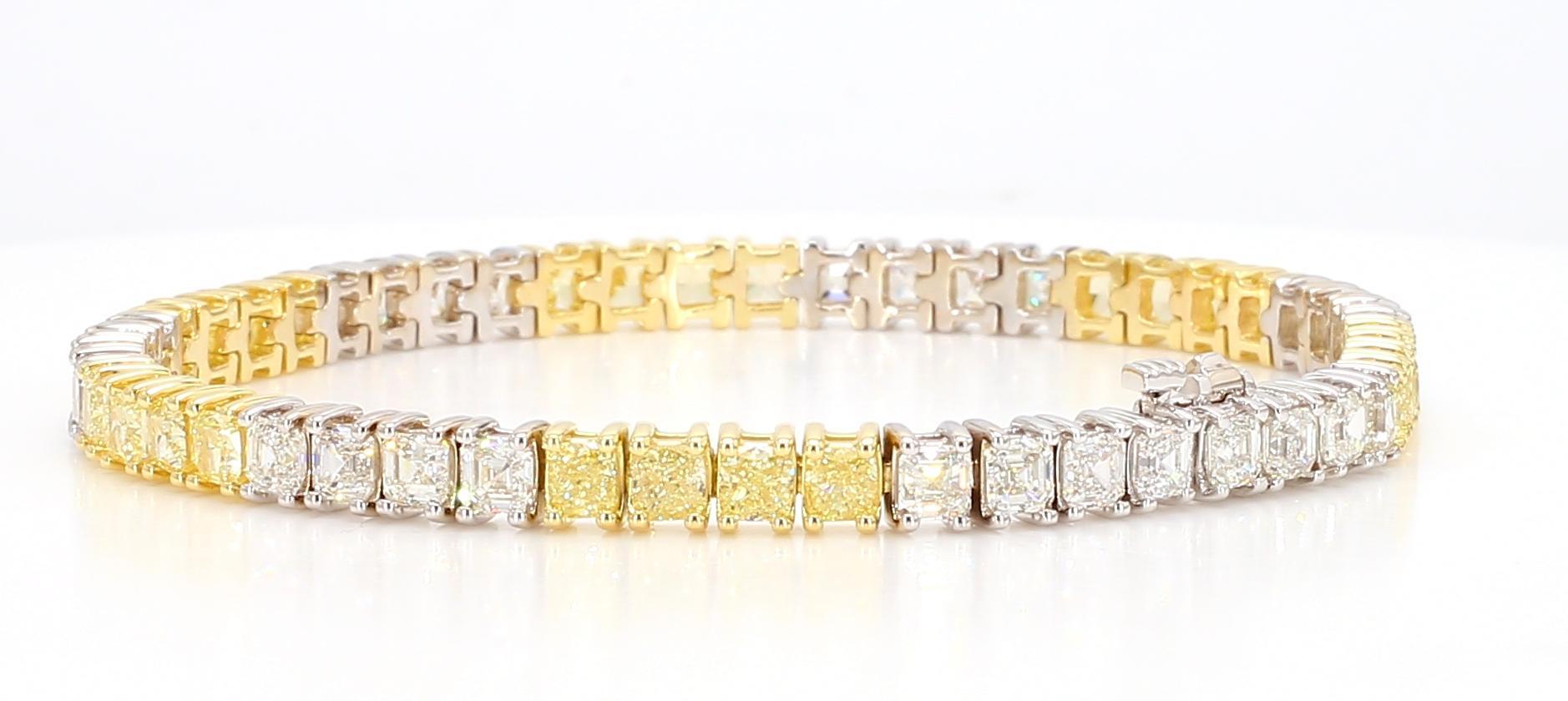Natural Yellow Cushion and White Diamond 10.42 Carat TW Gold Tennis Bracelet In New Condition For Sale In New York, NY