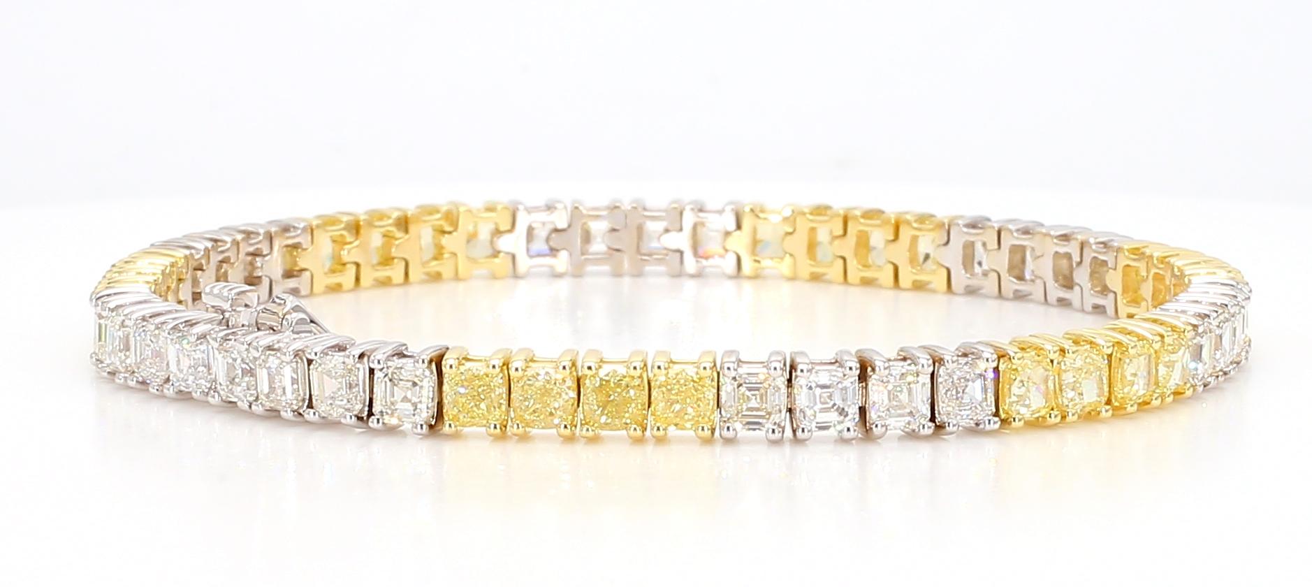 Natural Yellow Cushion and White Diamond 10.42 Carat TW Gold Tennis Bracelet For Sale 1