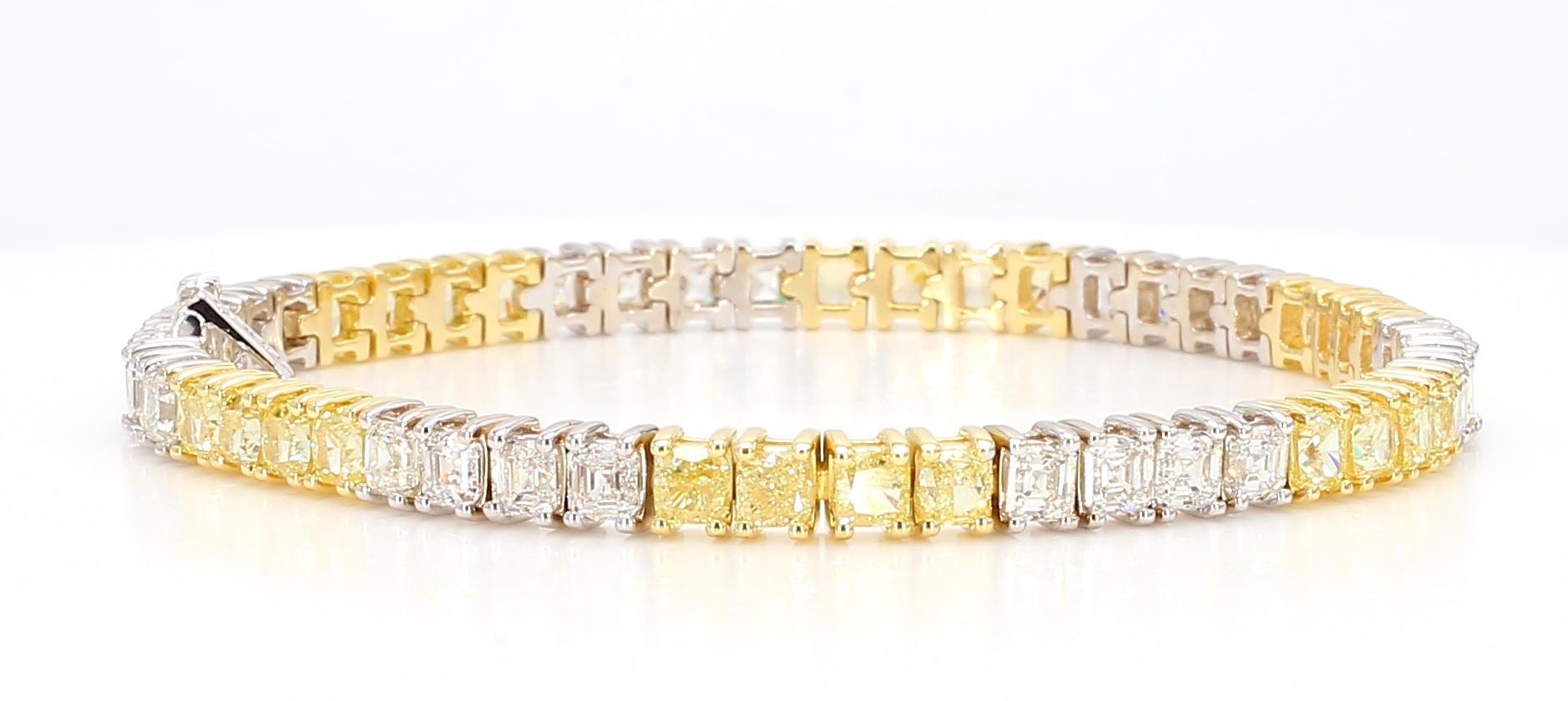 Natural Yellow Cushion and White Diamond 10.42 Carat TW Gold Tennis Bracelet For Sale 2