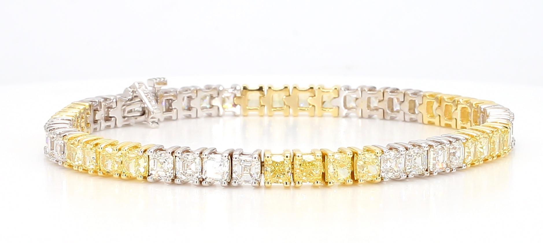 Natural Yellow Cushion and White Diamond 10.42 Carat TW Gold Tennis Bracelet For Sale 3