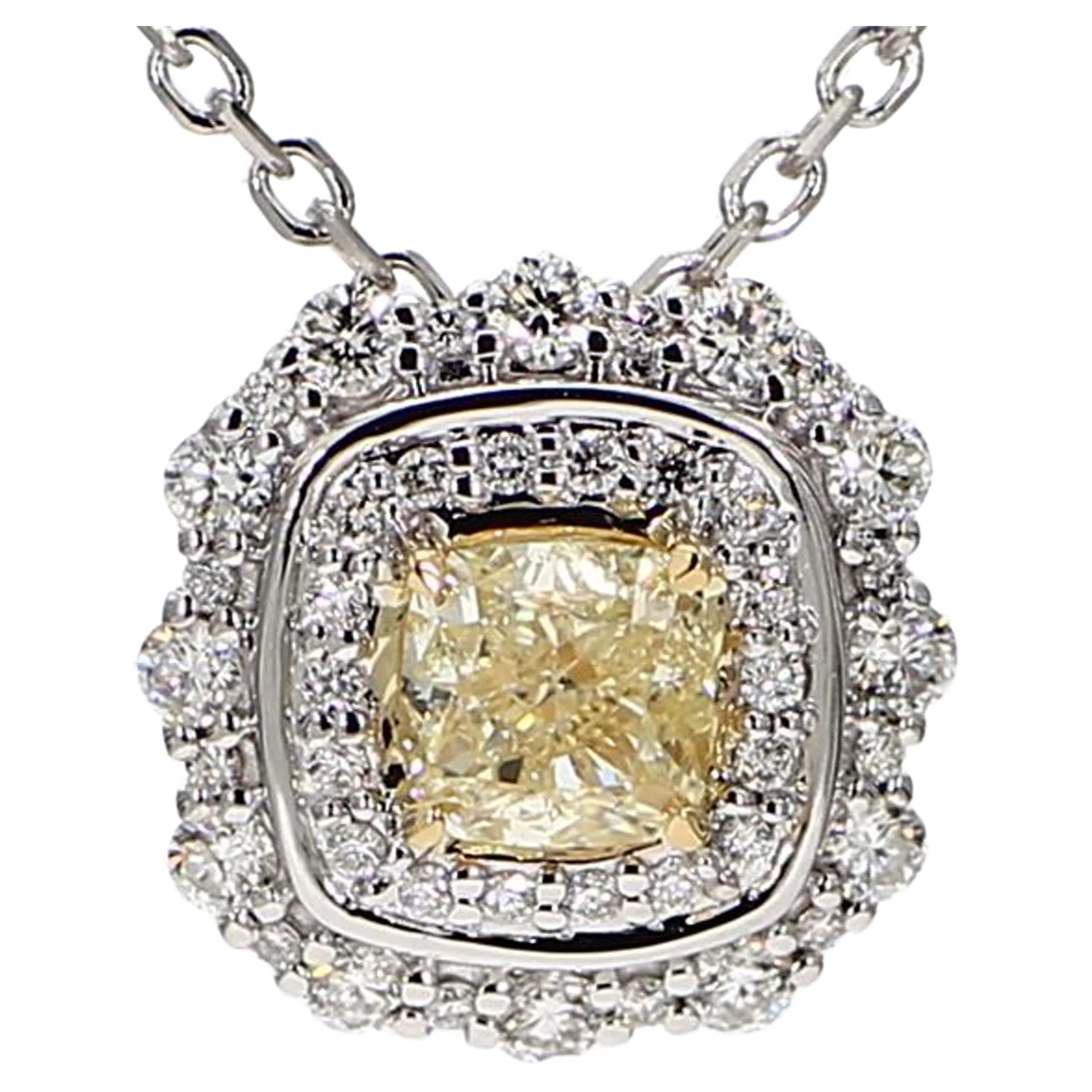 Natural Yellow Cushion and White Diamond 1.06 Carat TW Gold Drop Pendant For Sale
