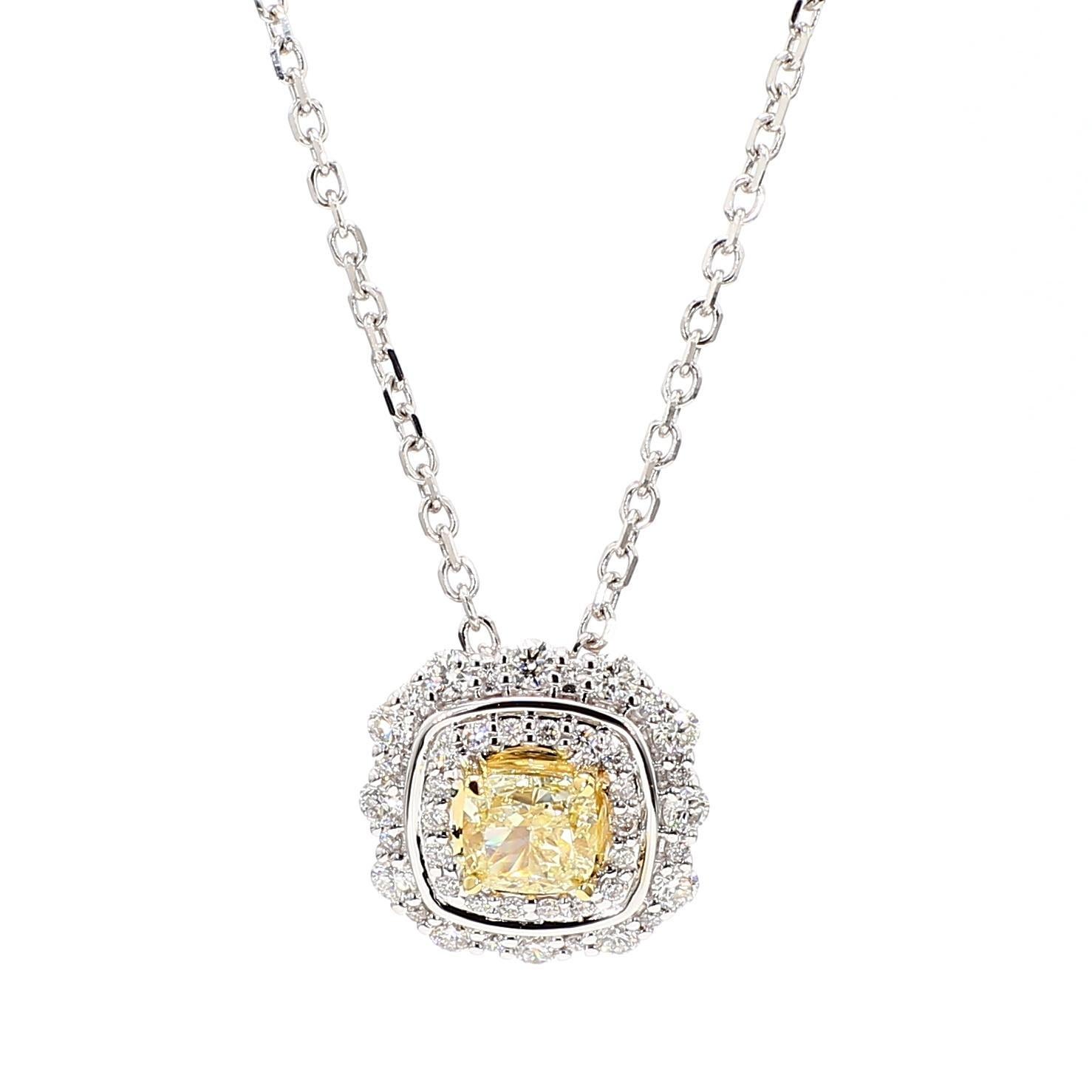 Contemporary Natural Yellow Cushion and White Diamond 1.07 Carat TW Gold Drop Pendant For Sale