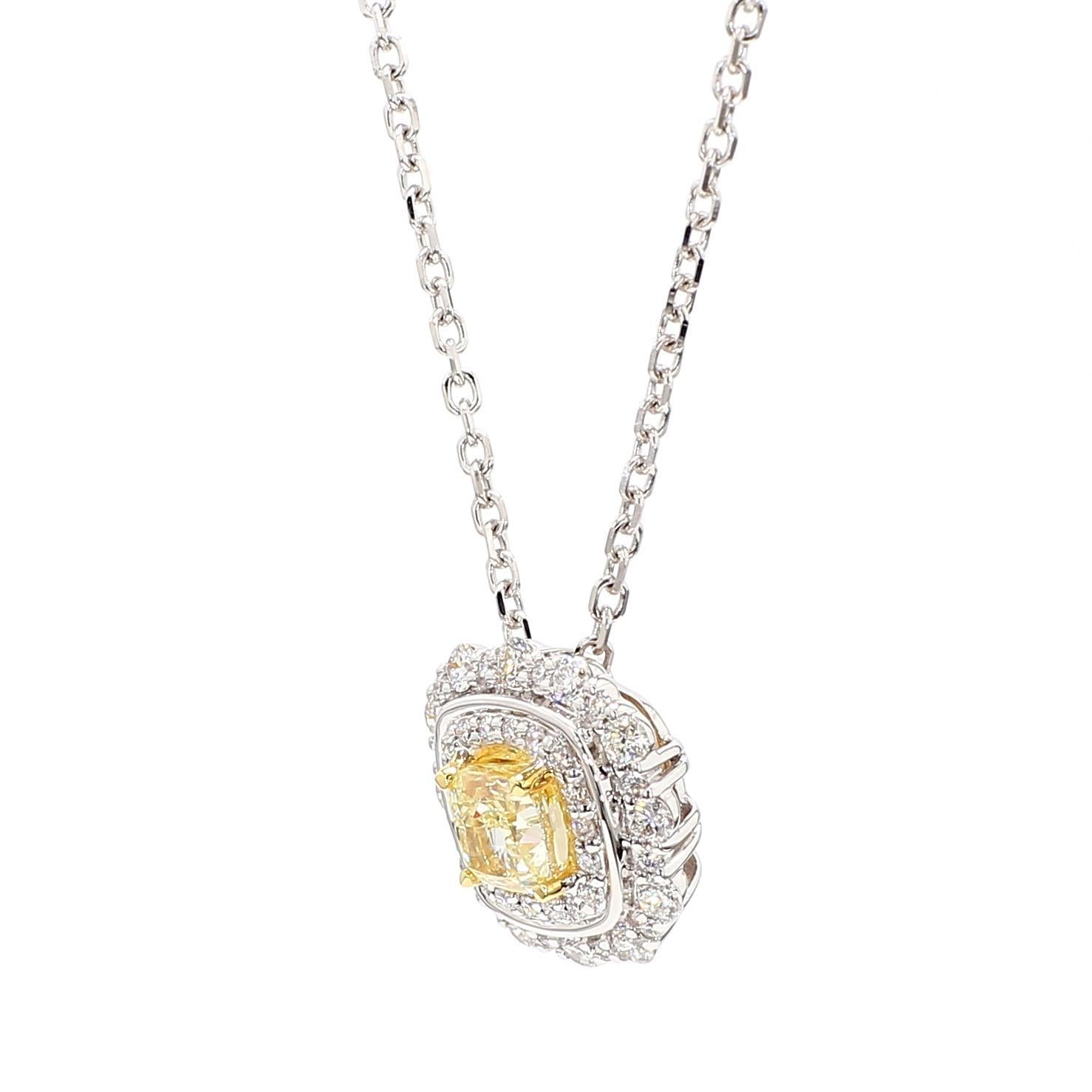 Cushion Cut Natural Yellow Cushion and White Diamond 1.07 Carat TW Gold Drop Pendant For Sale