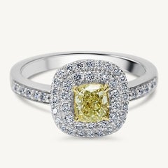 Natural Yellow Cushion and White Diamond 1.10 Carat TW Gold Cocktail Ring