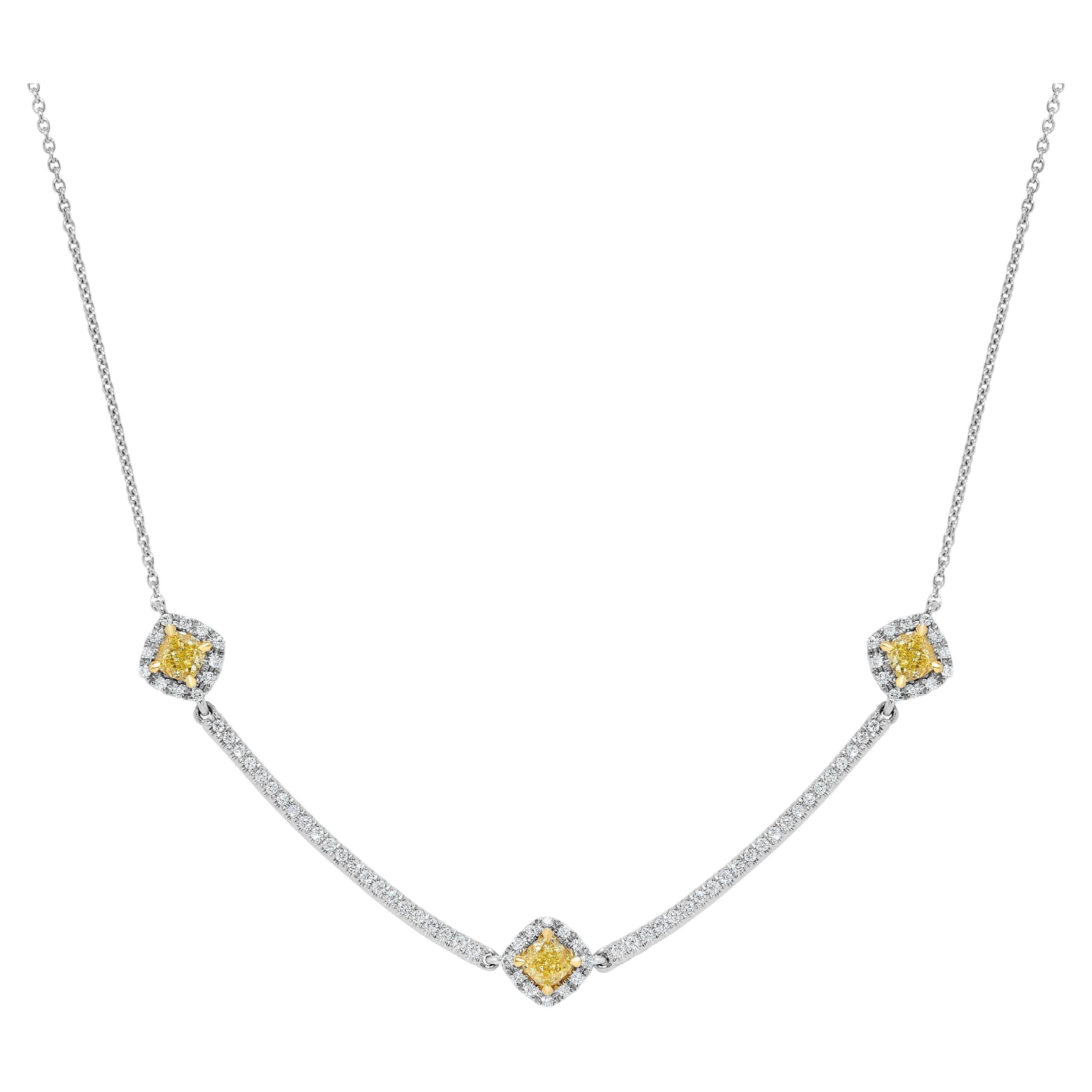 Natural Yellow Cushion and White Diamond 1.11 Carat Tw Gold Drop Necklace For Sale
