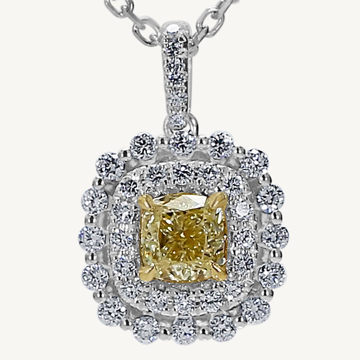 Natural Yellow Cushion and White Diamond 1.11 Carat TW Gold Drop Pendant For Sale