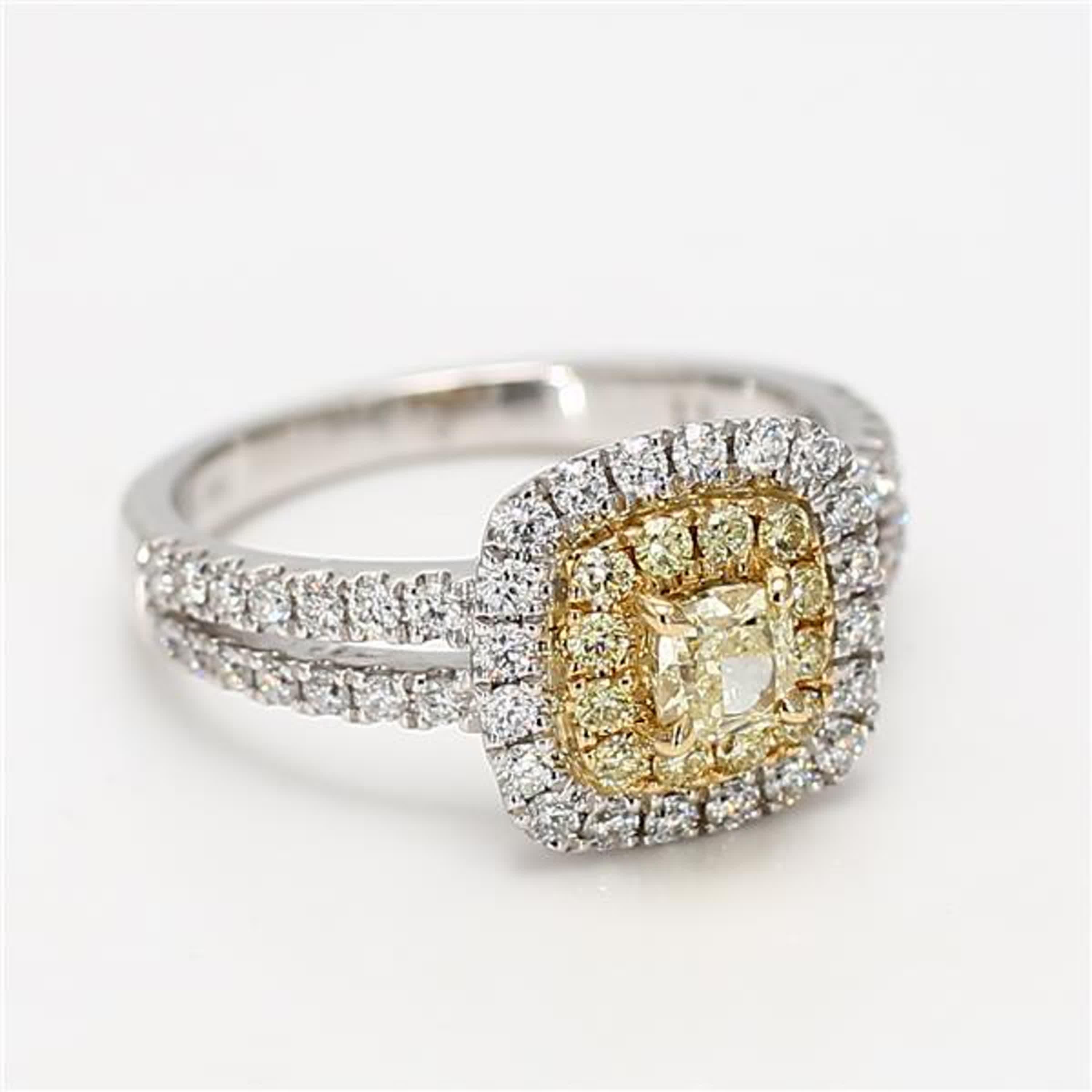 Natural Yellow Cushion and White Diamond 1.11 Carat TW Platinum Cocktail Ring For Sale 1
