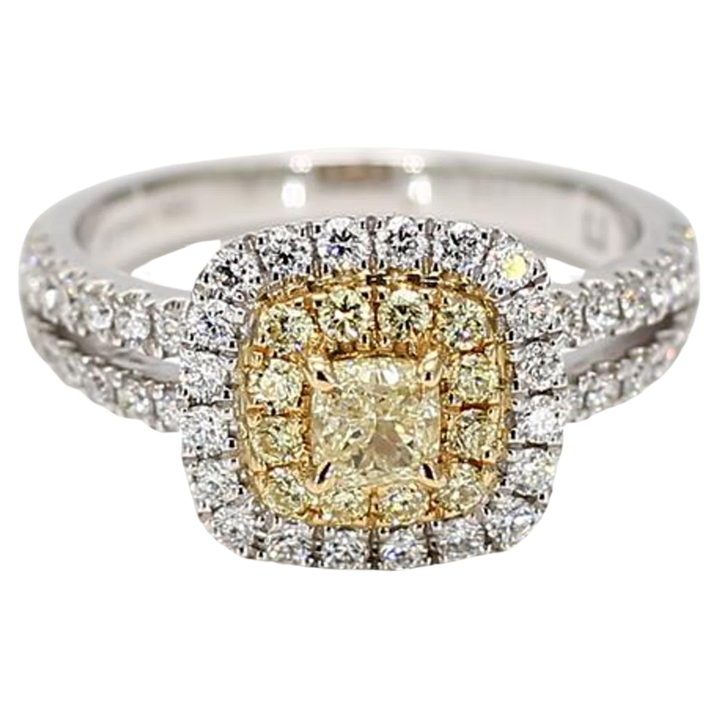 Natural Yellow Cushion and White Diamond 1.11 Carat TW Platinum Cocktail Ring