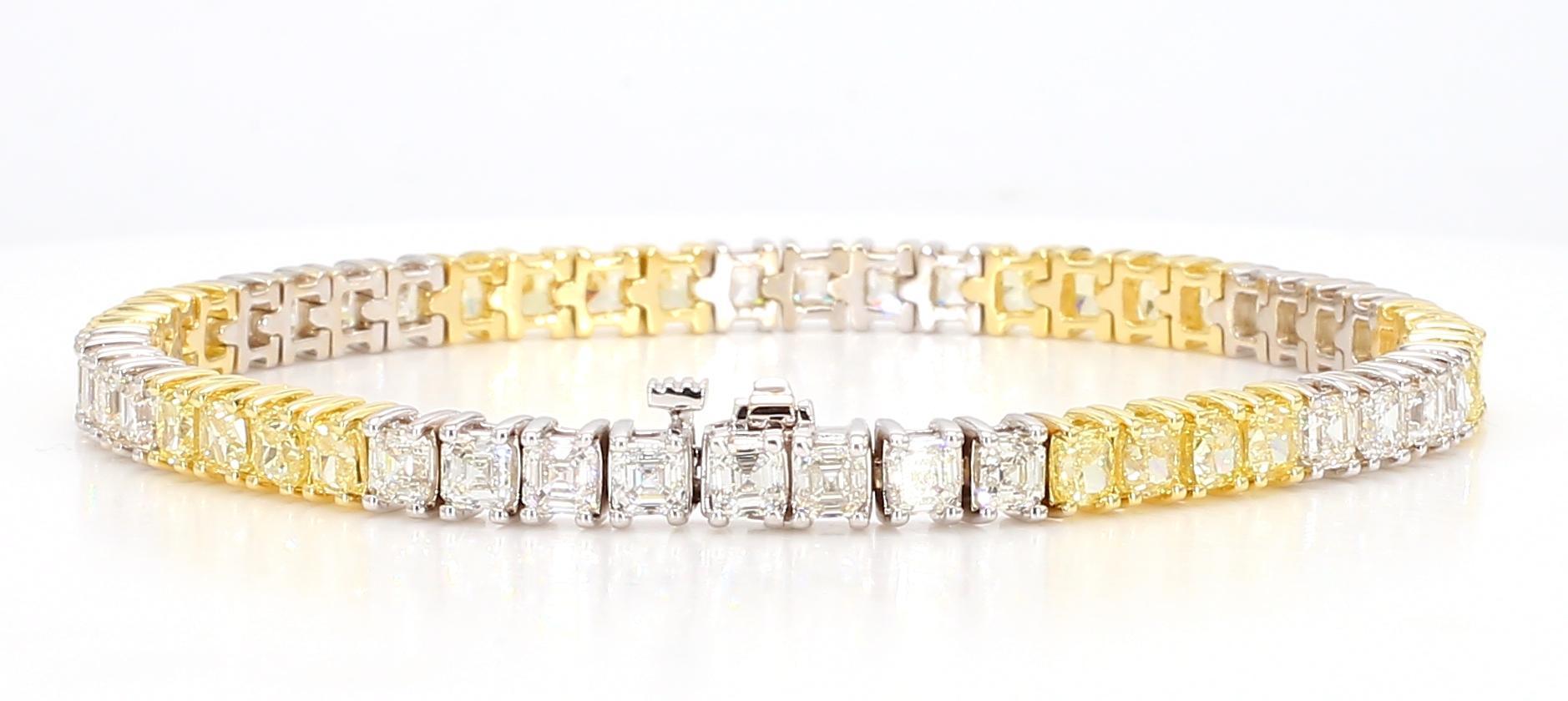 RareGemWorld's beautiful diamond bracelet. Mounted in a beautiful 18K Yellow and White Gold setting with natural cushion cut yellow diamonds. The yellow diamonds are complimented by natural asscher cut white diamonds. This bracelet is guaranteed to