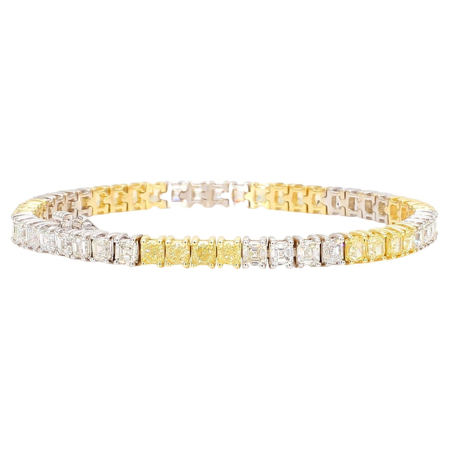 Natural Yellow Cushion and White Diamond 11.54 Carat TW Gold Tennis Bracelet