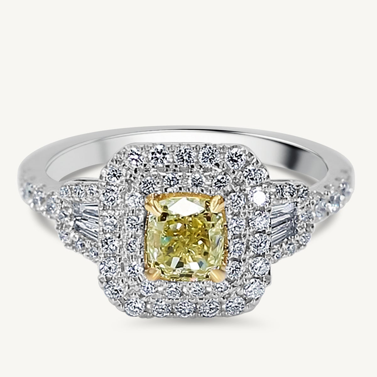 Natural Yellow Cushion and White Diamond 1.20 Carat TW Gold Cocktail Ring
