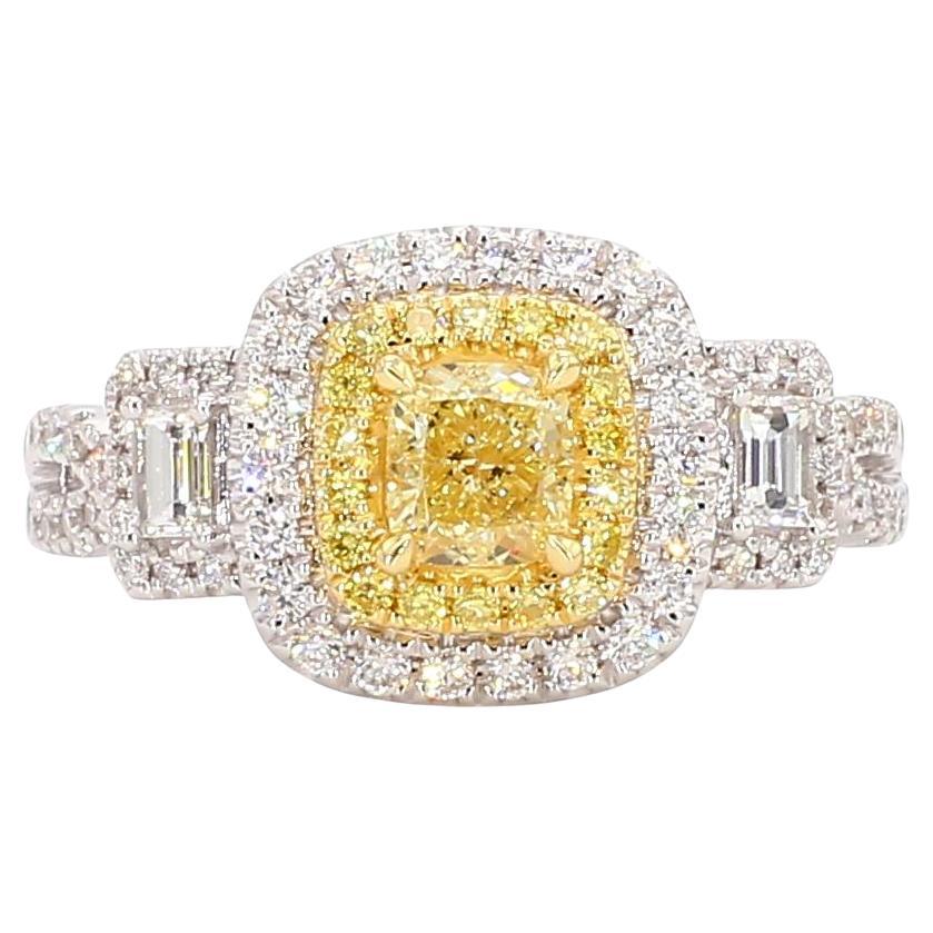 Natural Yellow Cushion and White Diamond 1.25 Carat TW Gold Cocktail Ring