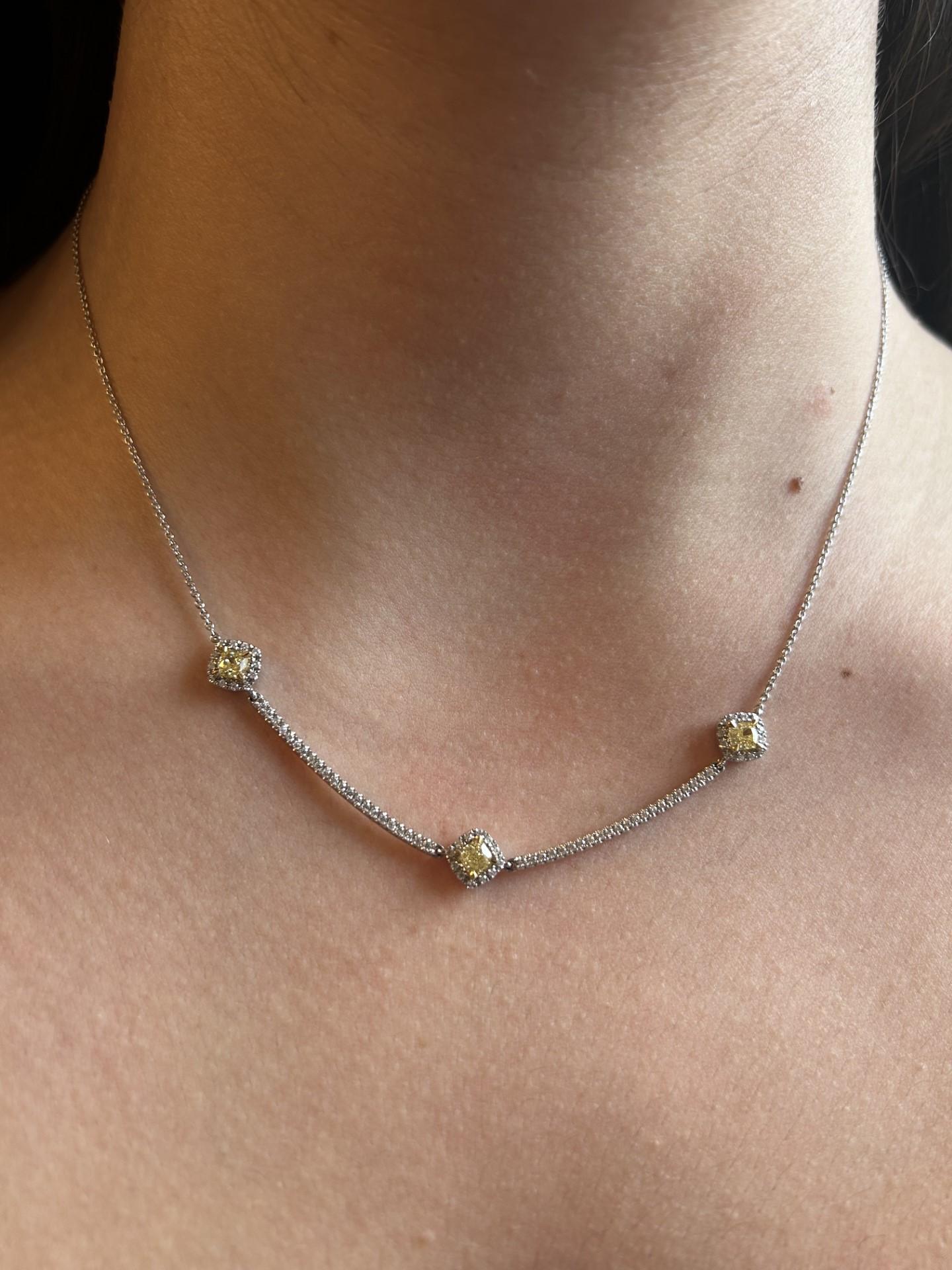 Contemporary Natural Yellow Cushion and White Diamond 1.25 Carat Tw Gold Drop Necklace For Sale