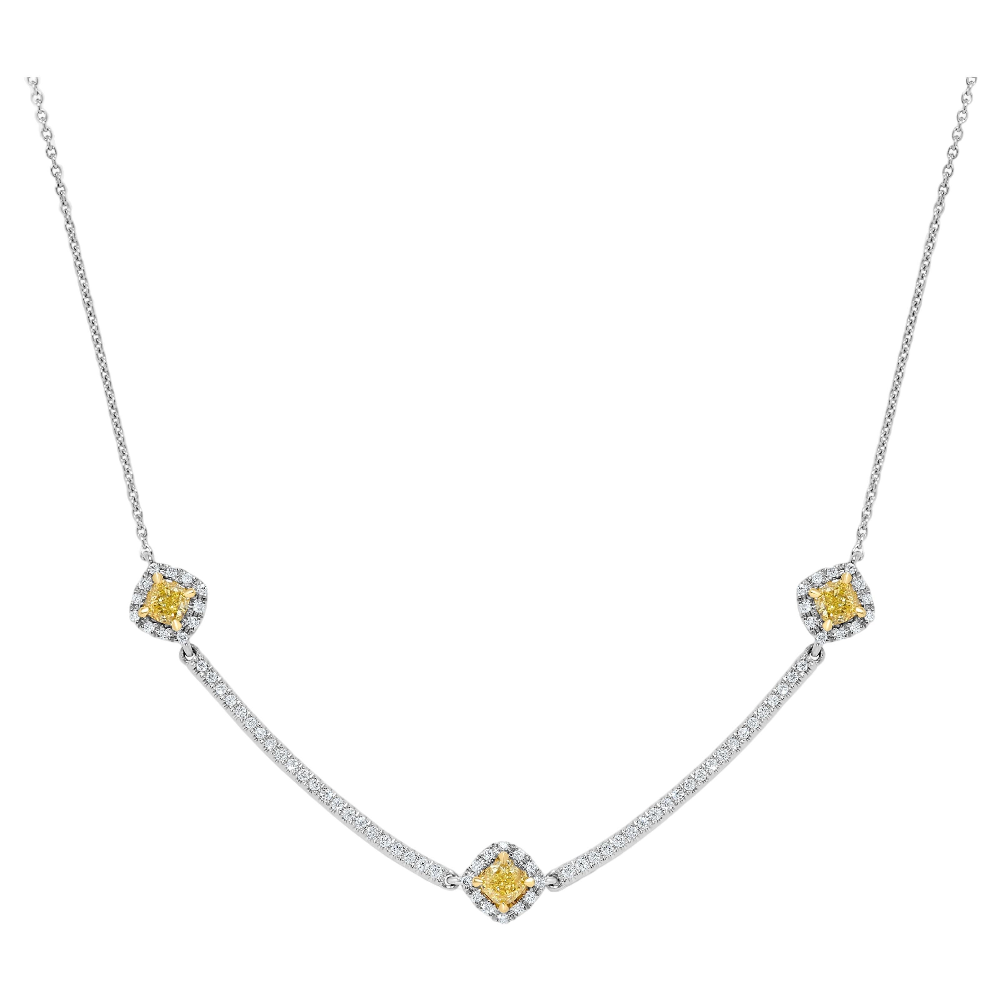 Natural Yellow Cushion and White Diamond 1.25 Carat Tw Gold Drop Necklace