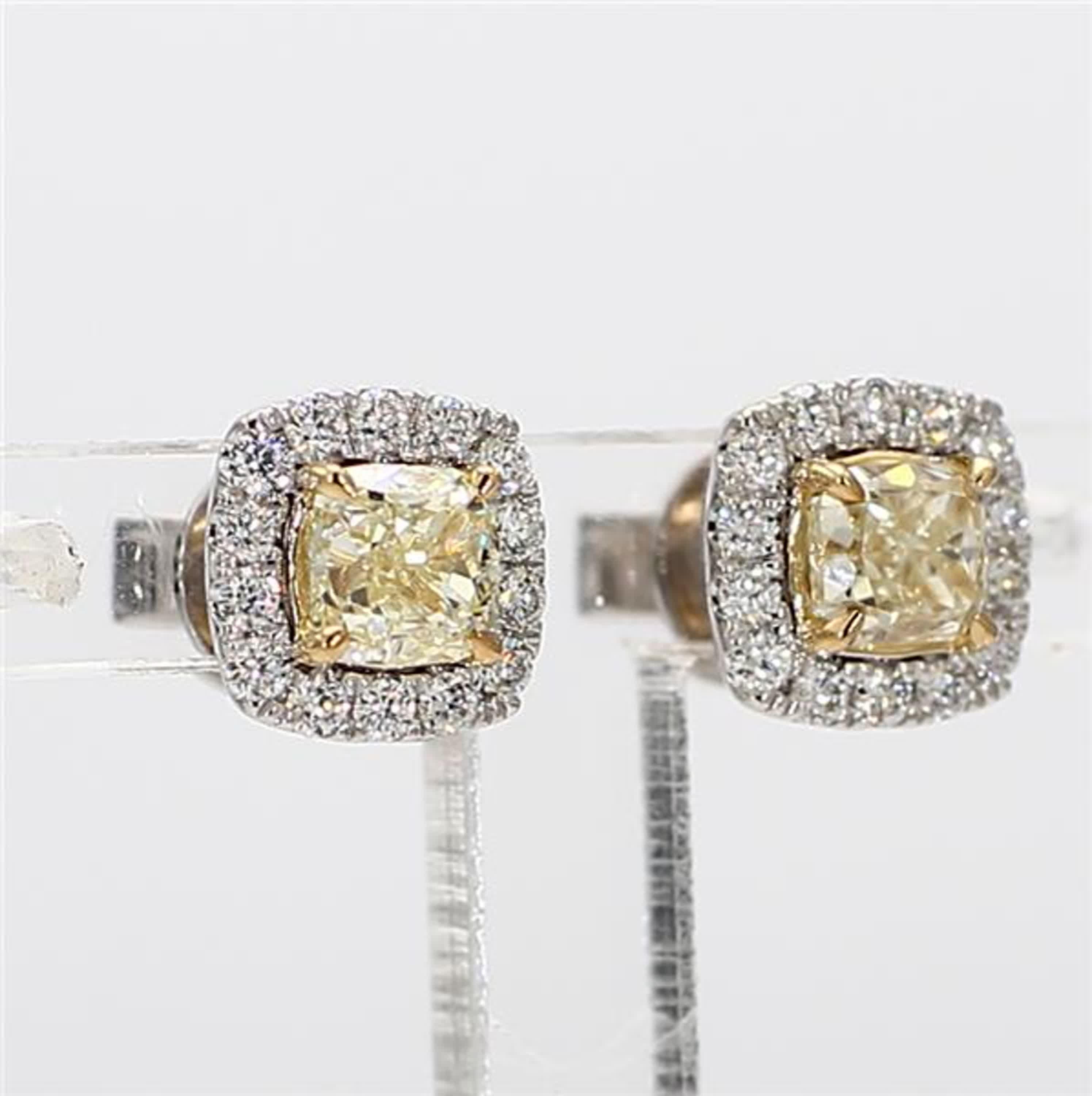 Natural Yellow Cushion and White Diamond 1.25 Carat TW Gold Stud Earrings For Sale 6