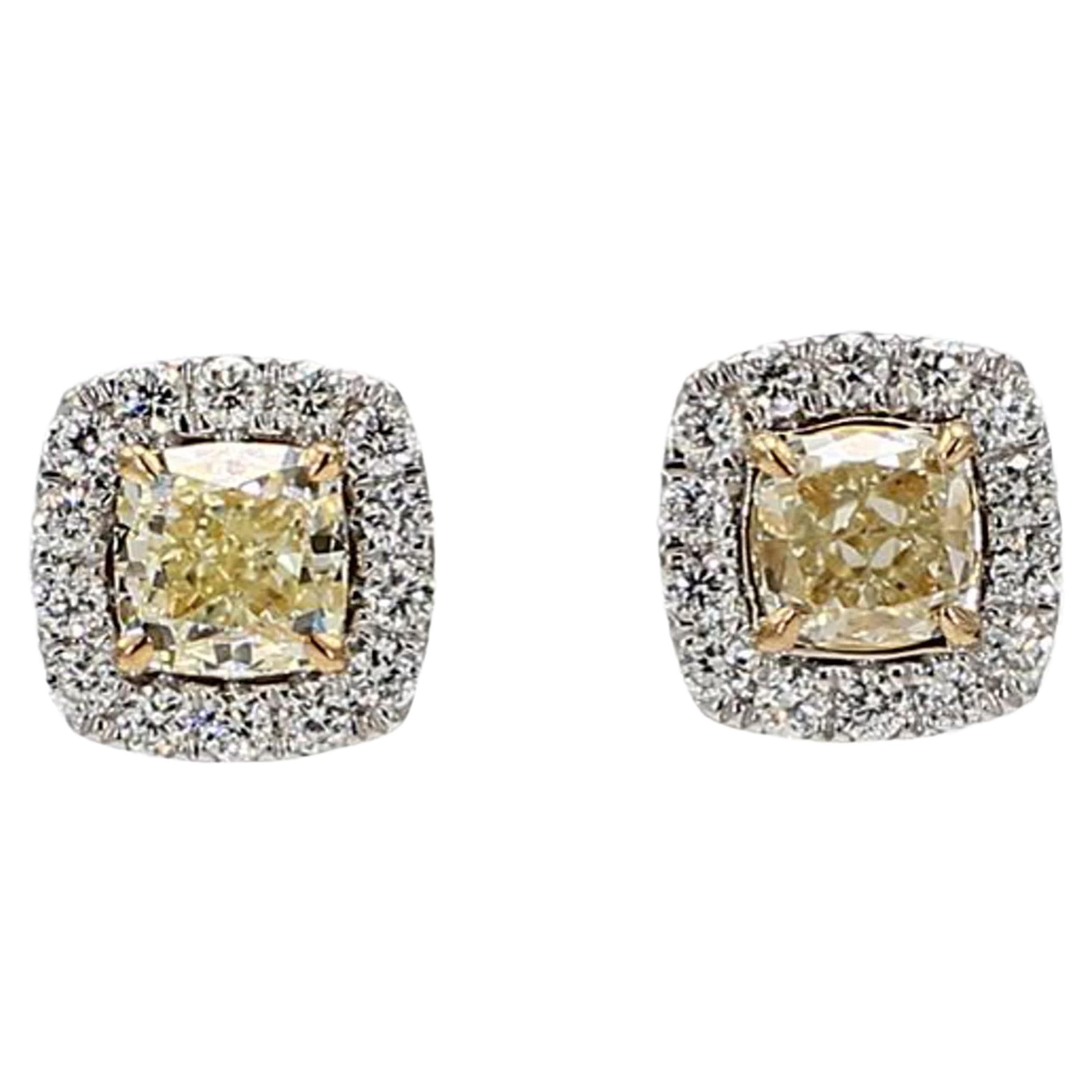 Natural Yellow Cushion and White Diamond 1.25 Carat TW Gold Stud Earrings For Sale
