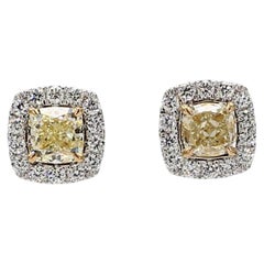 Natural Yellow Cushion and White Diamond 1.25 Carat TW Gold Stud Earrings