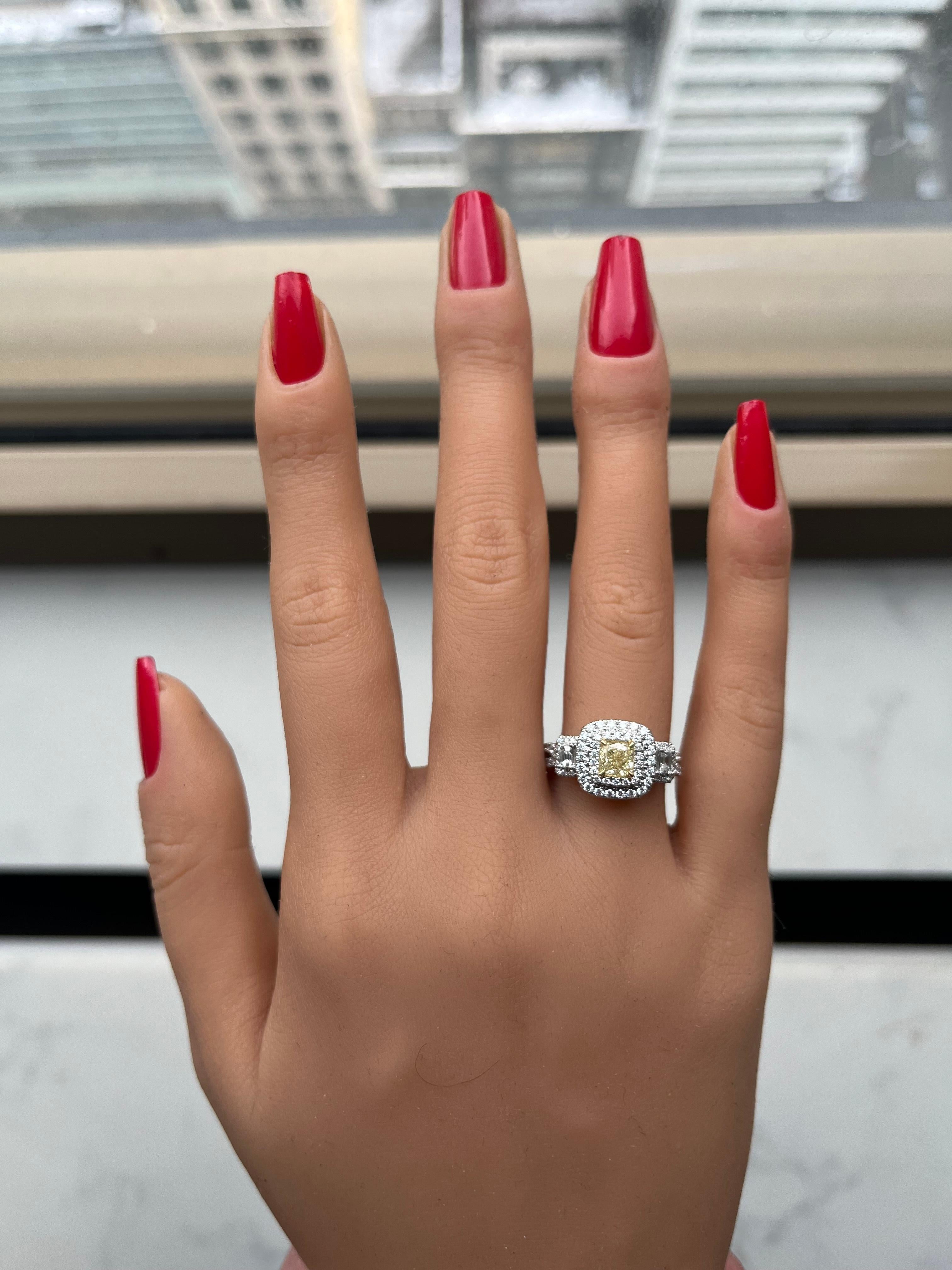Natural Yellow Cushion and White Diamond 1.26 Carat TW Gold Cocktail Ring 2