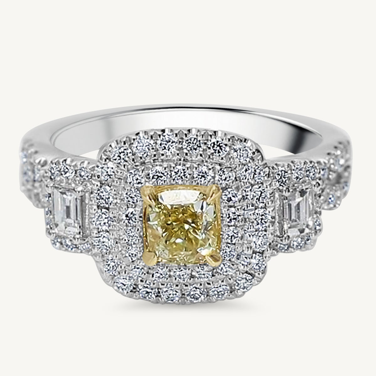Natural Yellow Cushion and White Diamond 1.26 Carat TW Gold Cocktail Ring
