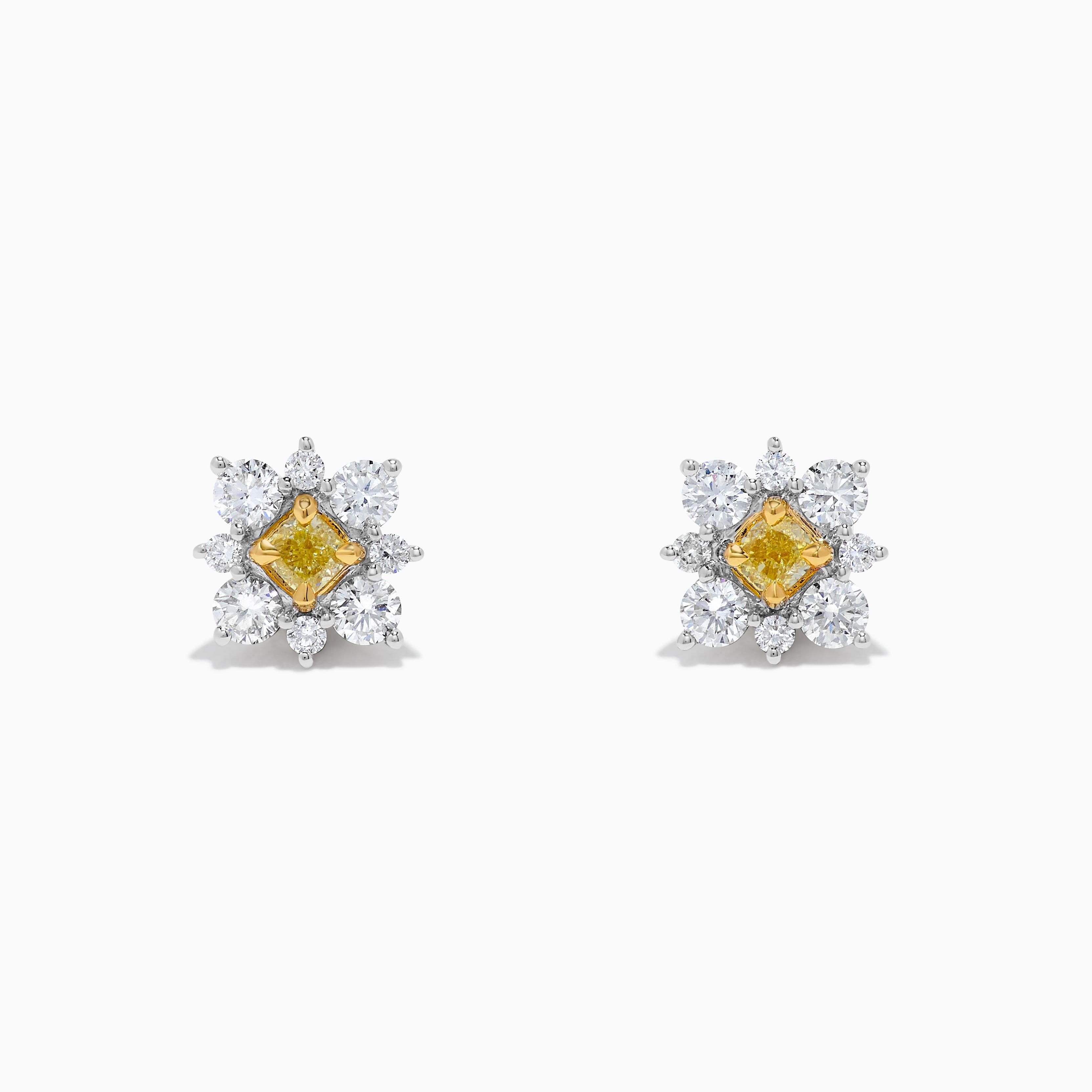 Contemporary Natural Yellow Cushion and White Diamond 1.29 Carat TW Gold Stud Earrings For Sale