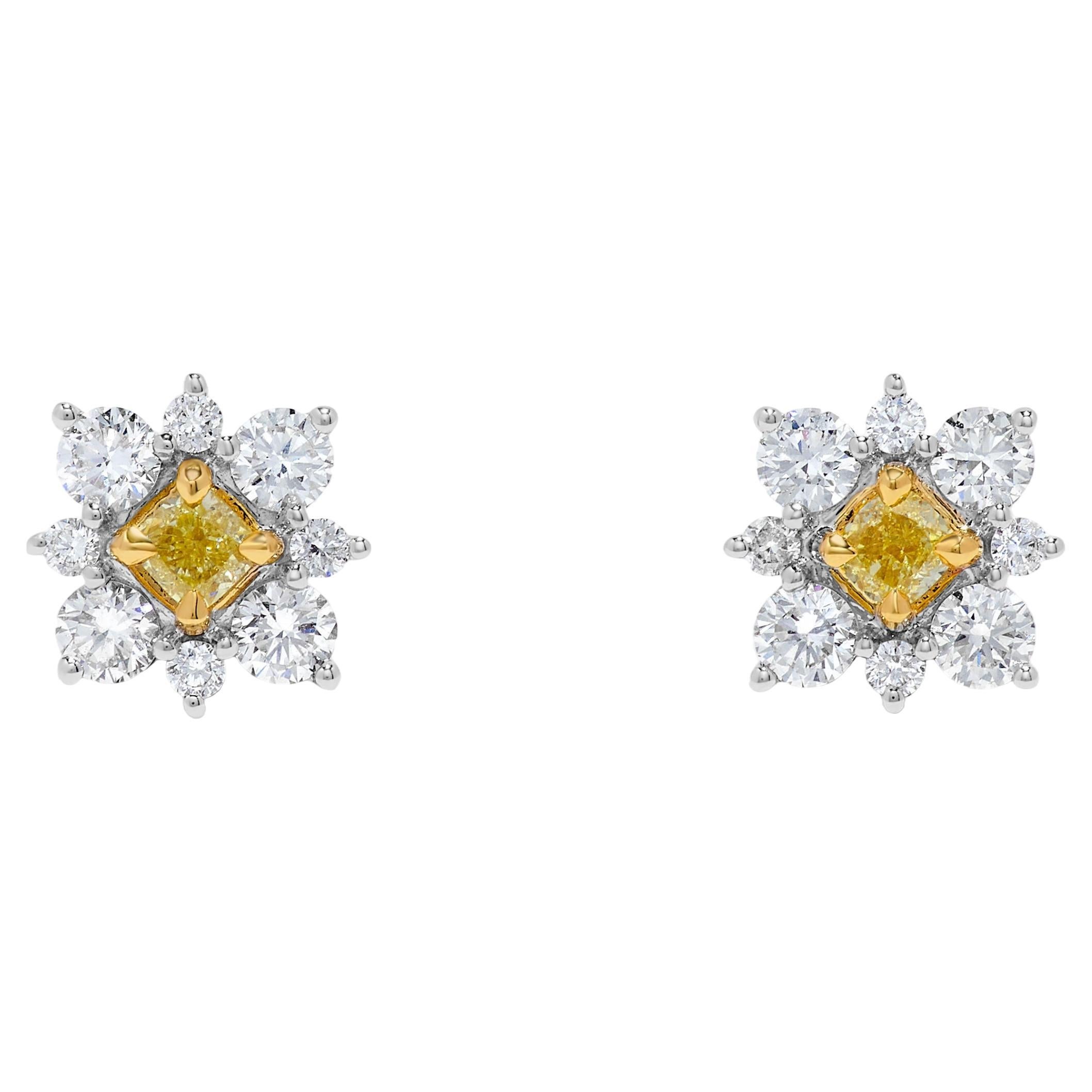 Natural Yellow Cushion and White Diamond 1.29 Carat TW Gold Stud Earrings For Sale